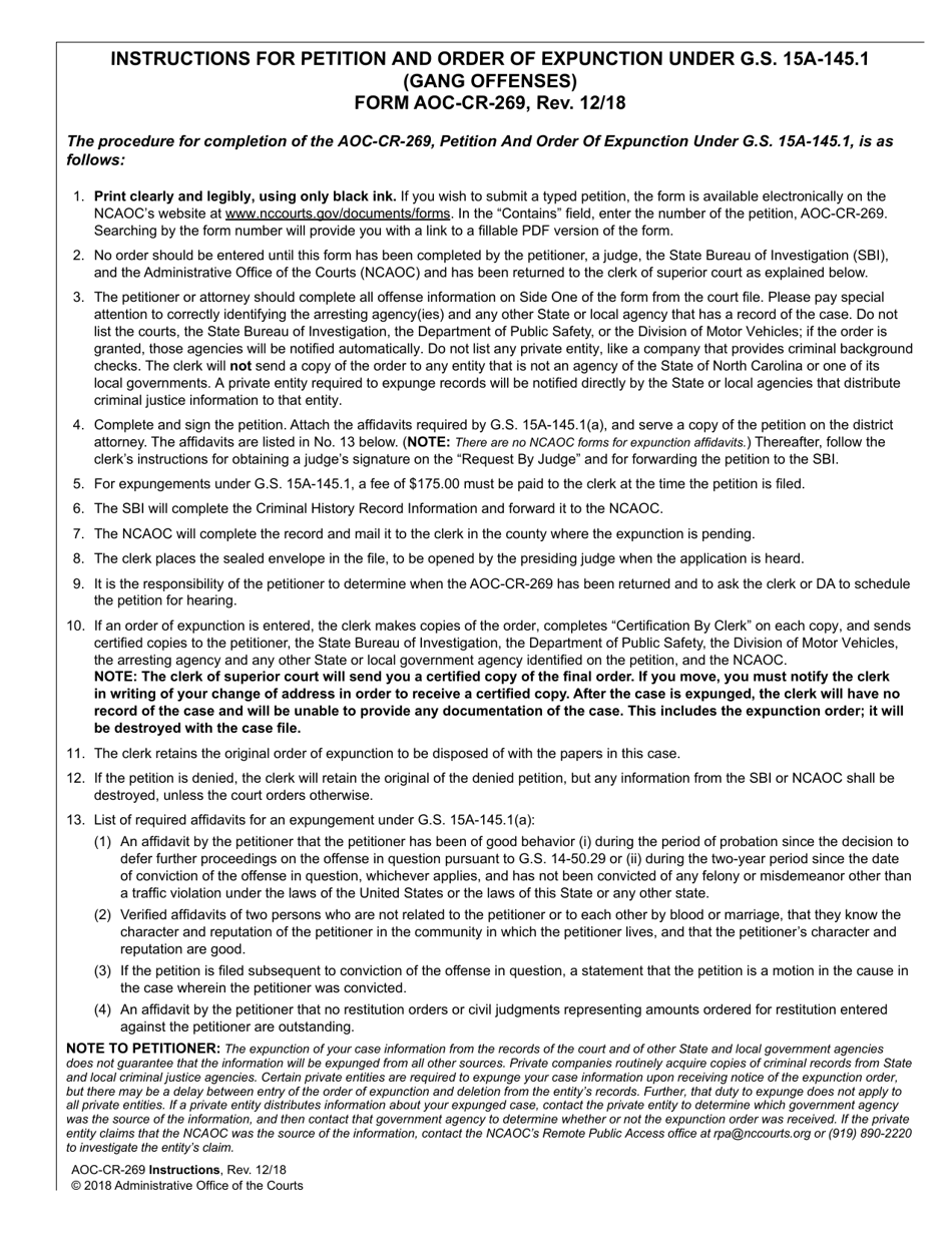 Instructions for Form AOC-CR-269 Petition and Order of Expunction Under G.s. 15a-145.1 (Gang Offenses) - North Carolina, Page 1