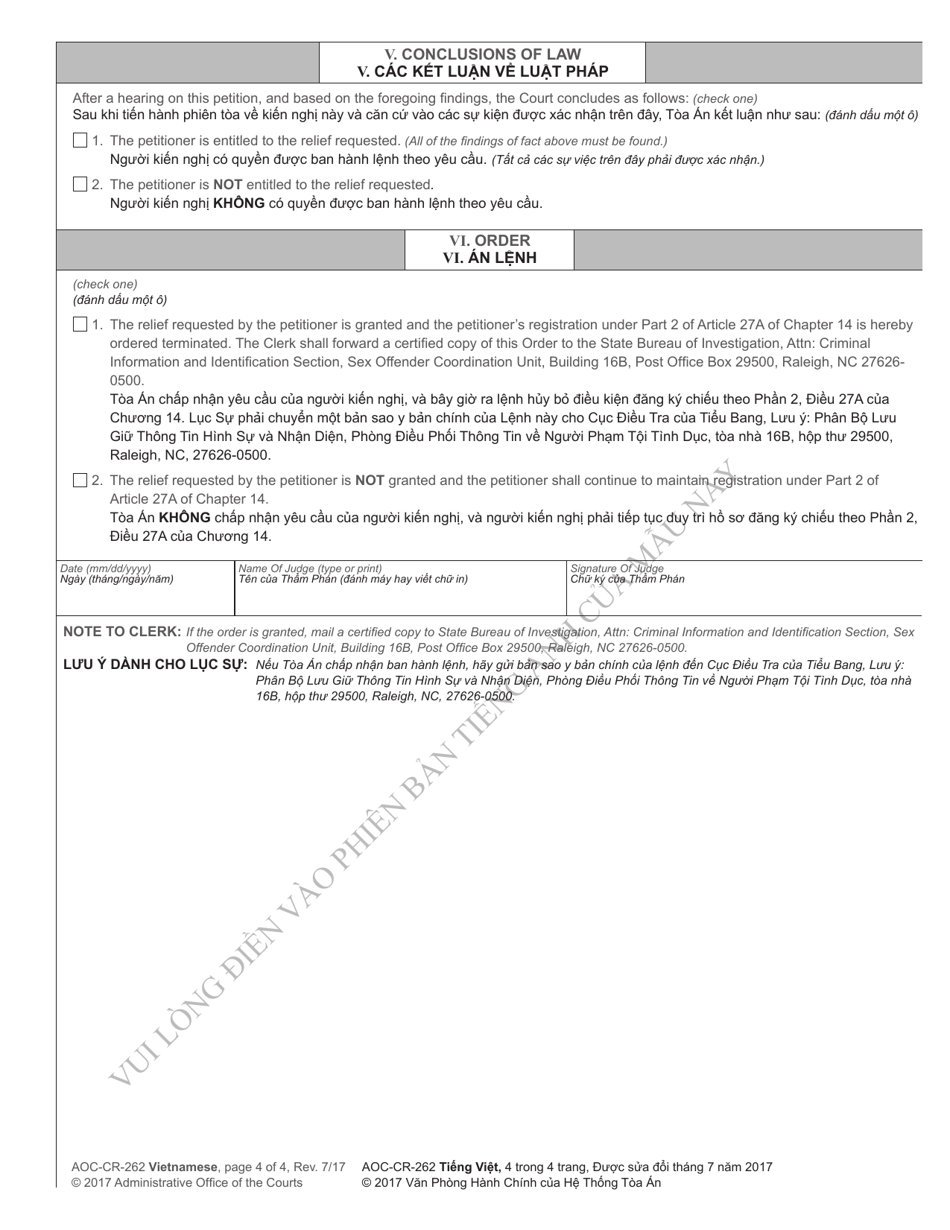 Form AOC-CR-262 Petition and Order for Termination of Sex Offender Registration - North Carolina (English / Vietnamese), Page 4
