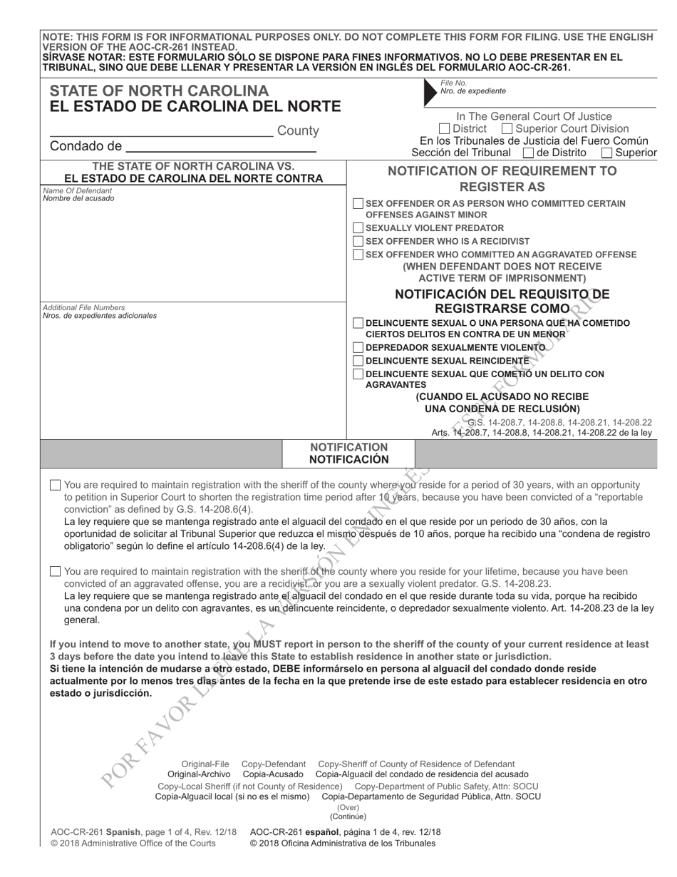 Form AOC-CR-261 SPANISH Notification of Requirement to Register as Sex Offender or as Person Who Committed Certain Offenses Against Minor / Sexually Violent Predator / Sex Offender Who Is a Recidivist / Sex Offender Who Committed an Aggravated Offense (When Defendant Does Not Receive Active Term of Imprisonment) - North Carolina (English / Spanish), Page 1