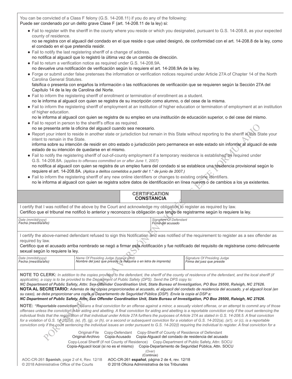 Form AOC-CR-261 SPANISH Notification of Requirement to Register as Sex Offender or as Person Who Committed Certain Offenses Against Minor / Sexually Violent Predator / Sex Offender Who Is a Recidivist / Sex Offender Who Committed an Aggravated Offense (When Defendant Does Not Receive Active Term of Imprisonment) - North Carolina (English / Spanish), Page 2