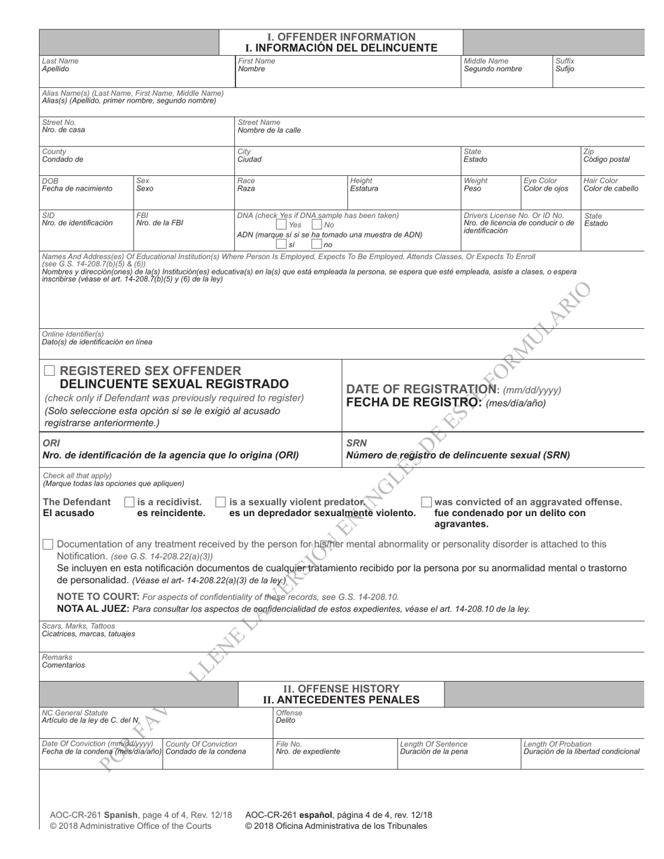 Form AOC-CR-261 SPANISH Notification of Requirement to Register as Sex Offender or as Person Who Committed Certain Offenses Against Minor / Sexually Violent Predator / Sex Offender Who Is a Recidivist / Sex Offender Who Committed an Aggravated Offense (When Defendant Does Not Receive Active Term of Imprisonment) - North Carolina (English / Spanish), Page 4