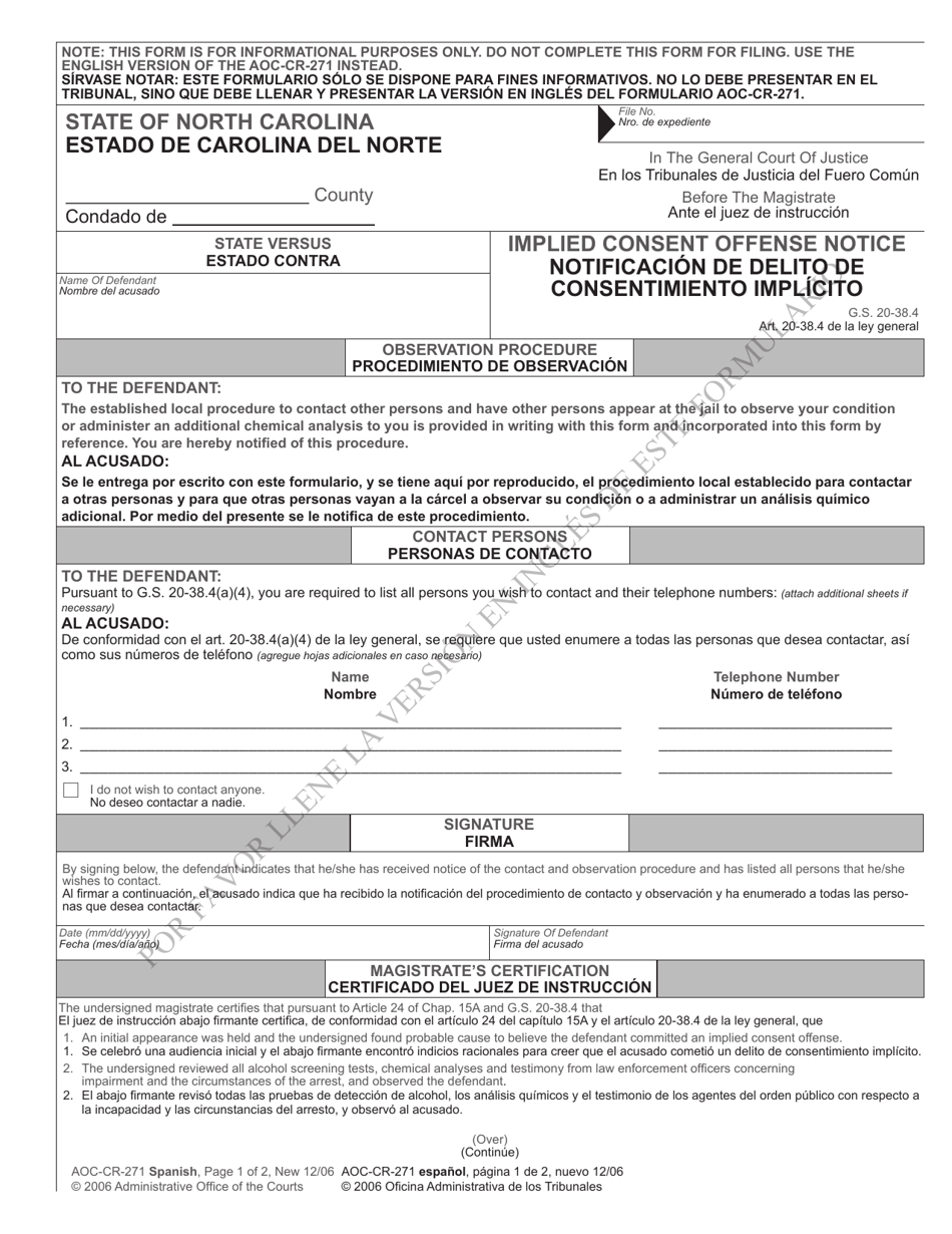 Form AOC-CR-271 SPANISH Implied Consent Offense Notice - North Carolina (English/Spanish), Page 1