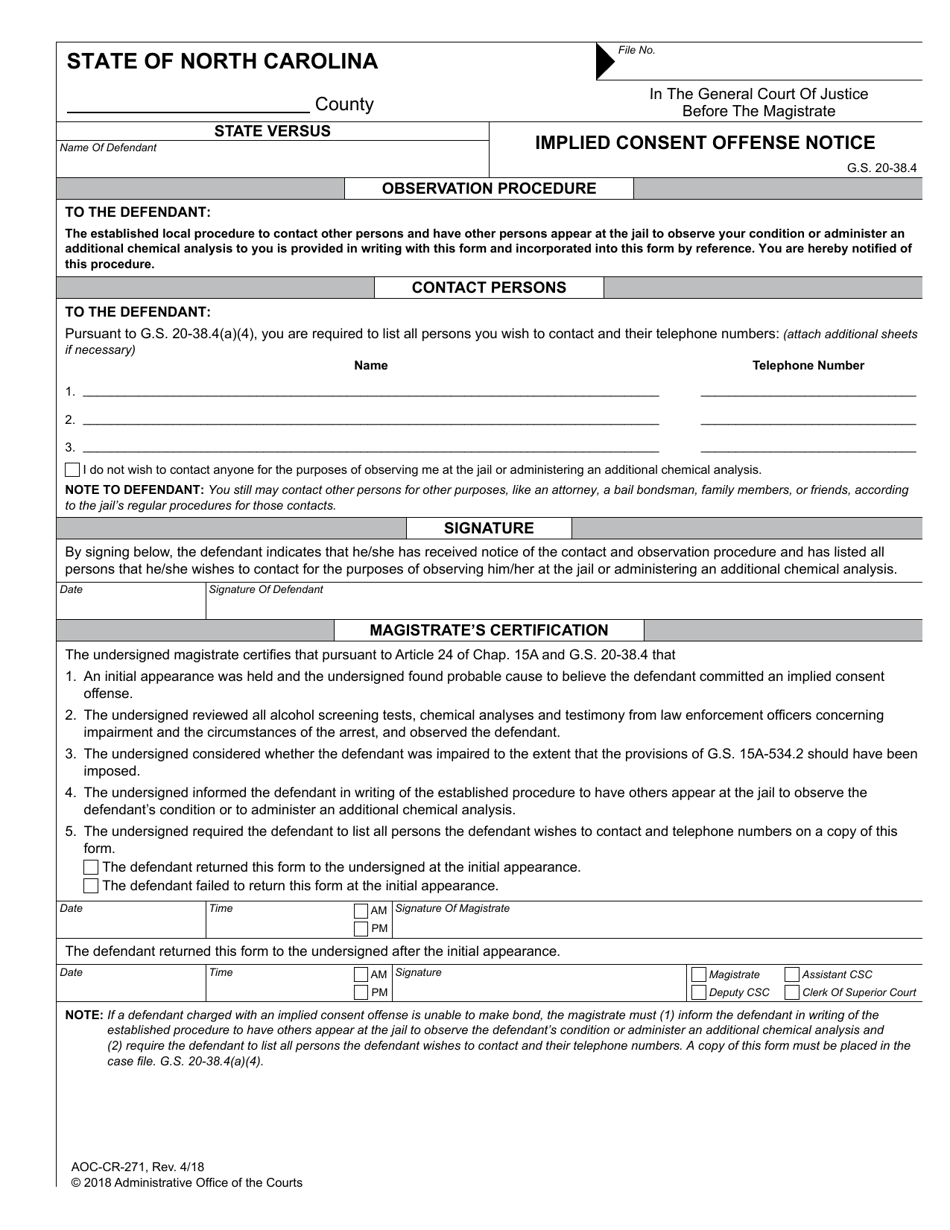 Form AOC-CR-271 Implied Consent Offense Notice - North Carolina, Page 1
