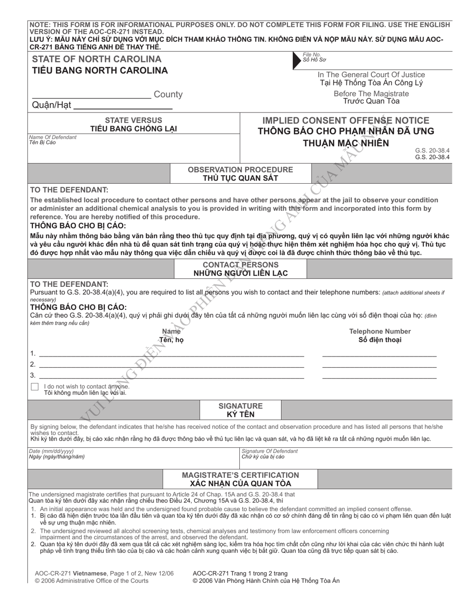 Form AOC-CR-271 VIETNAMESE Implied Consent Offense Notice - North Carolina (English/Vietnamese), Page 1