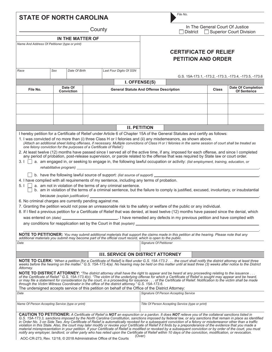 Form AOC-CR-273 Certificate of Relief Petition and Order - North Carolina, Page 1
