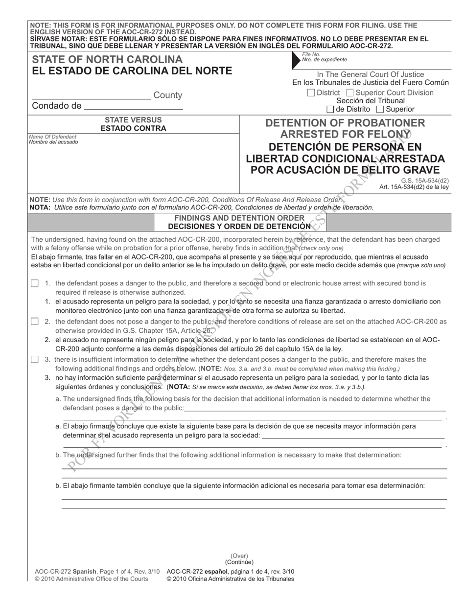 Form AOC-CR-272 SPANISH Detention of Probationer Arrested for Felony - North Carolina (English / Spanish), Page 1