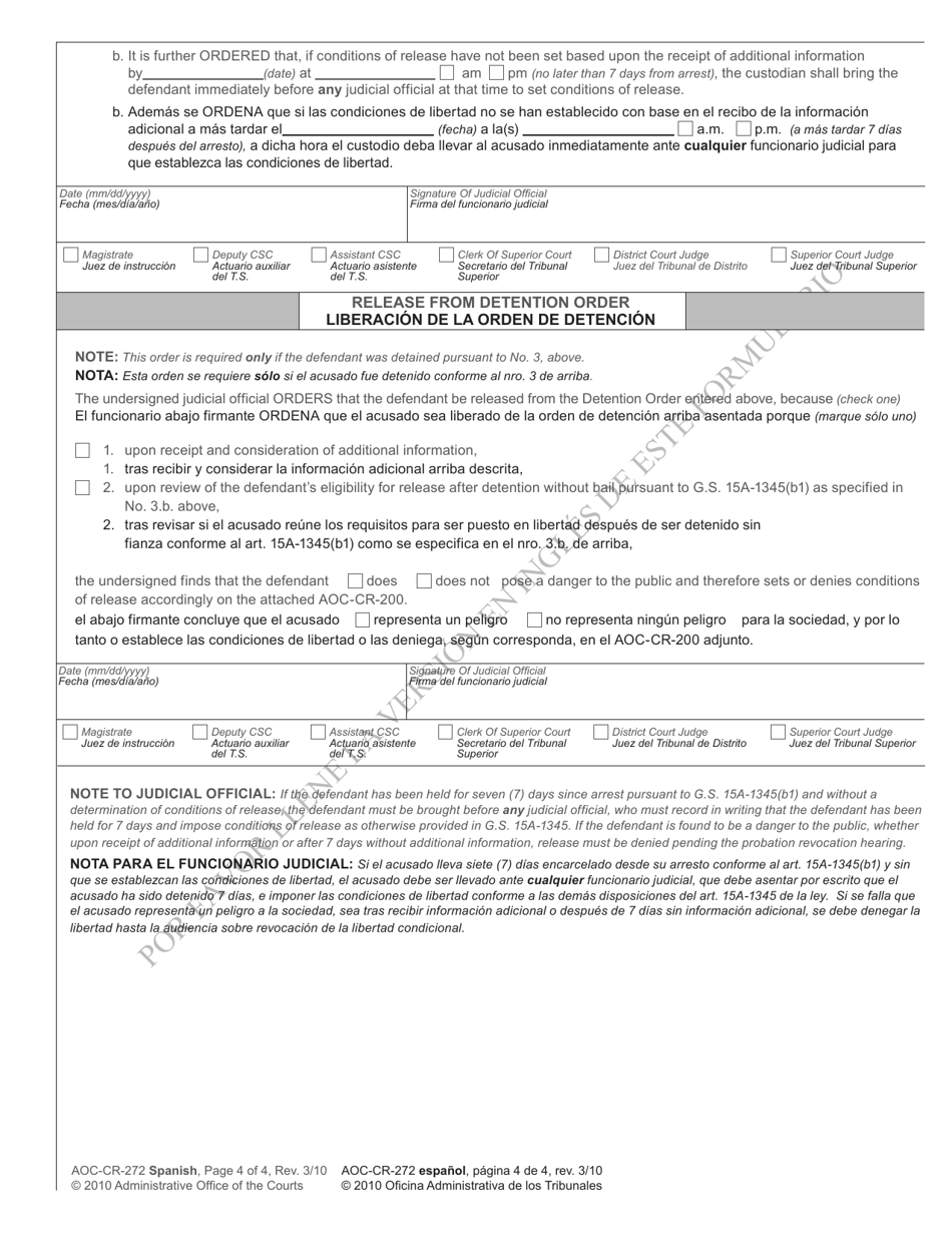 Form AOC-CR-272 SPANISH Detention of Probationer Arrested for Felony - North Carolina (English / Spanish), Page 4