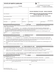 Document preview: Form AOC-CR-276 Felony Speeding to Elude " Vehicle Seizure - Lienholder's Petition for Release of Motor Vehicle and Order of Court - North Carolina