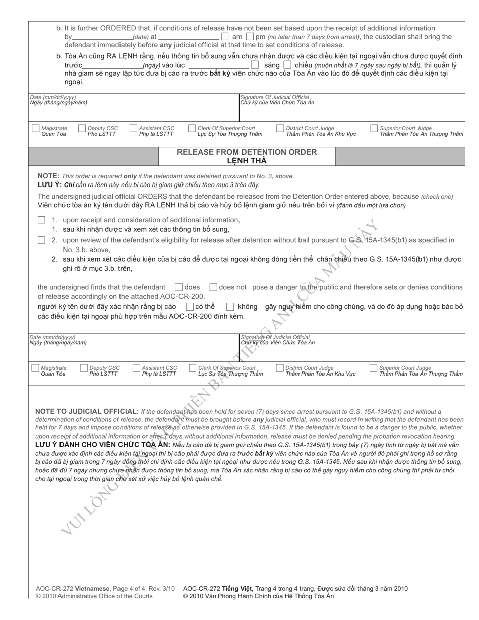 Form AOC-CR-272 VIETNAMESE Detention of Probationer Arrested for Felony - North Carolina (English / Vietnamese), Page 4