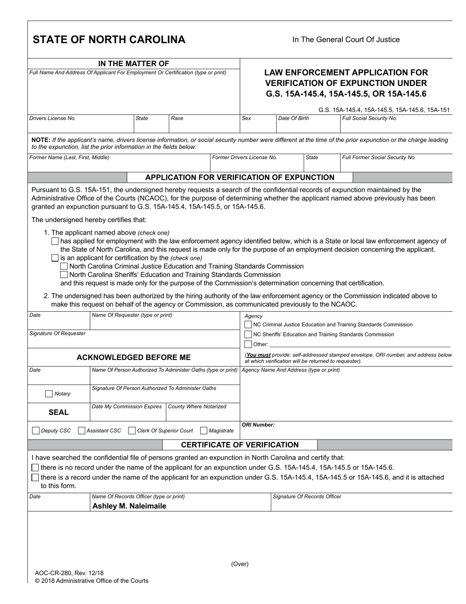 Form AOC-CR-280 Law Enforcement Application for Verification of Expunction Under G.s. 15a-145.4, 15a-145.5, or 15a-145.6 - North Carolina, Page 1