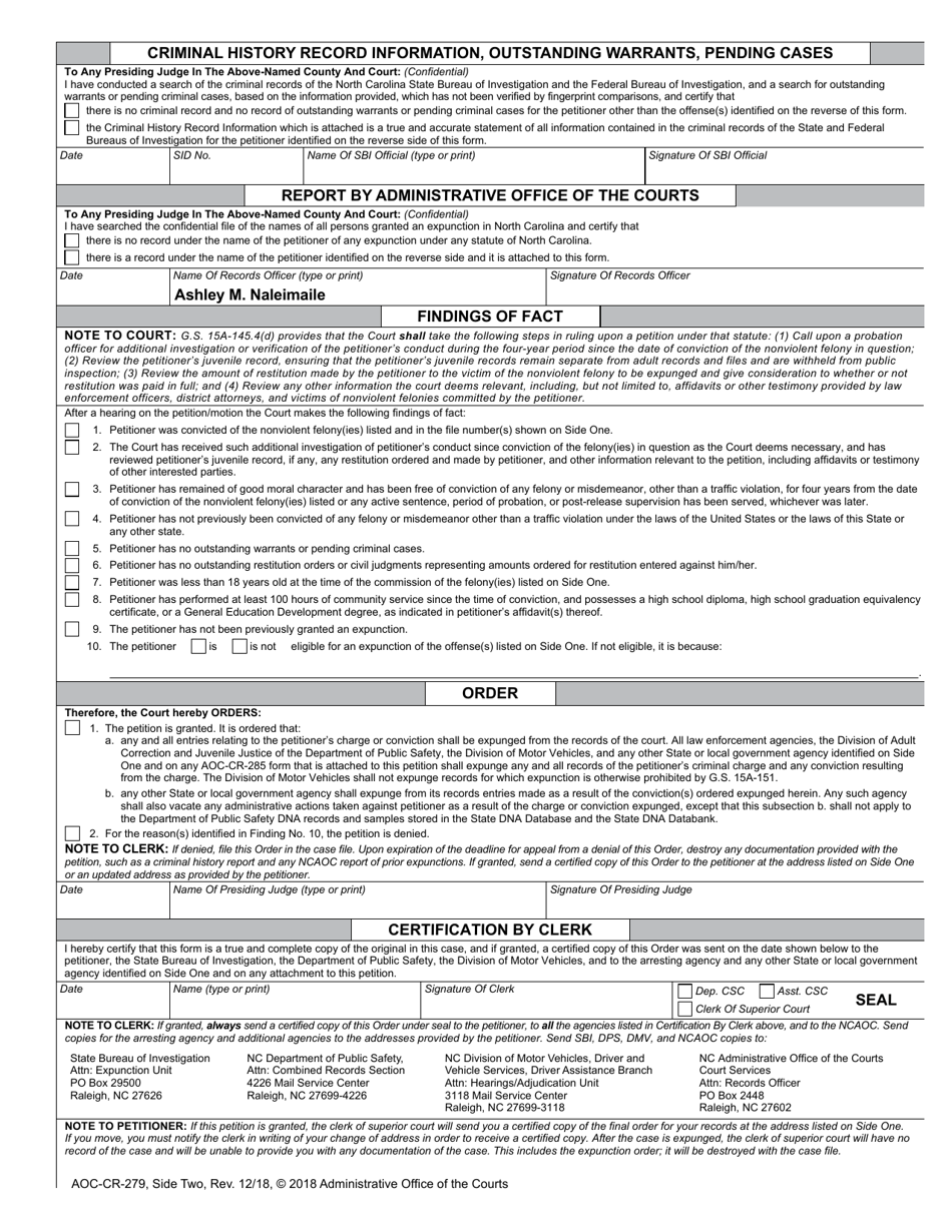 Form AOC-CR-279 Petition and Order of Expunction Under G.s. 15a-145.4 (Nonviolent Felony Under Age 18) - North Carolina, Page 2
