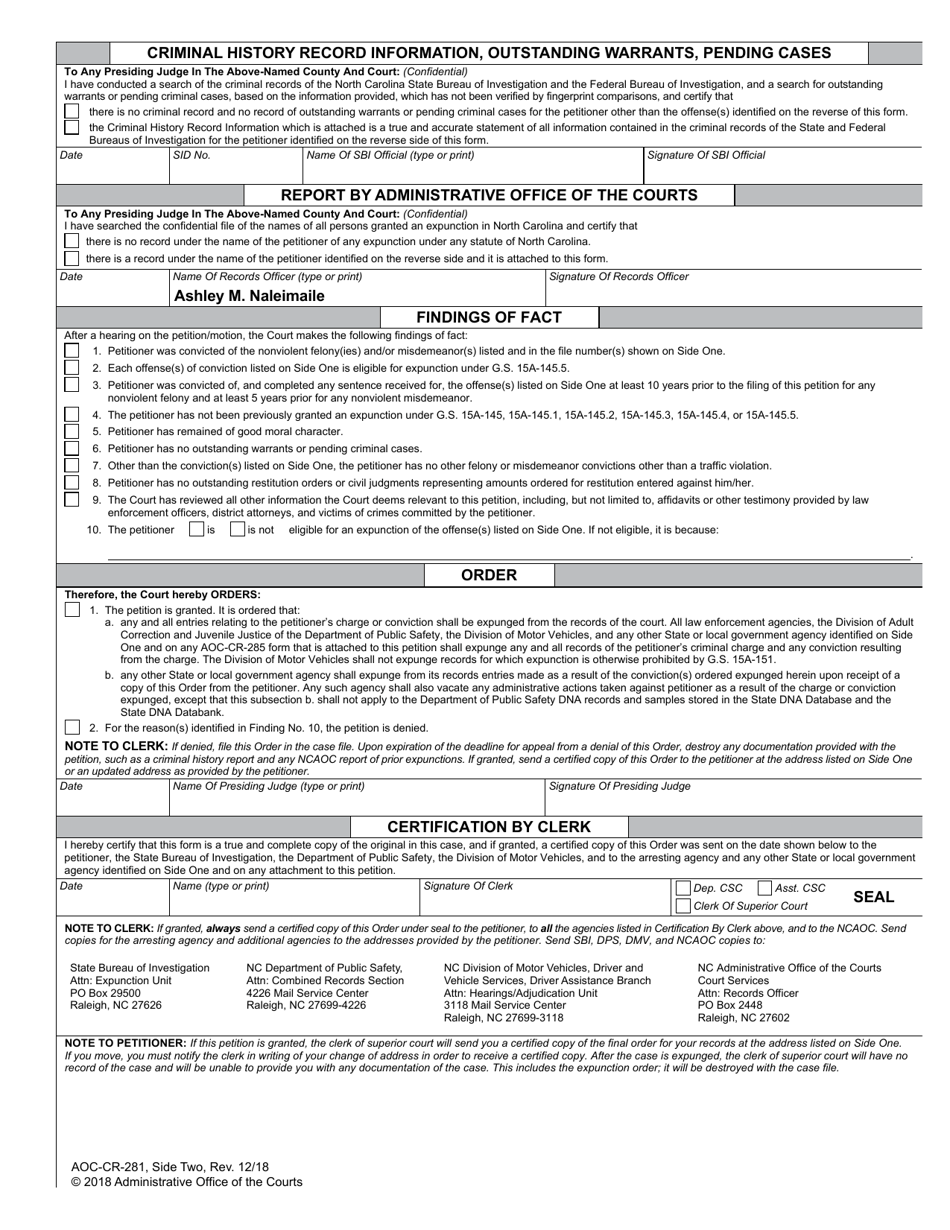 Form AOC-CR-281 Petition and Order of Expunction Under G.s. 15a-145.5 (Nonviolent Felony or Nonviolent Misdemeanor) - North Carolina, Page 2