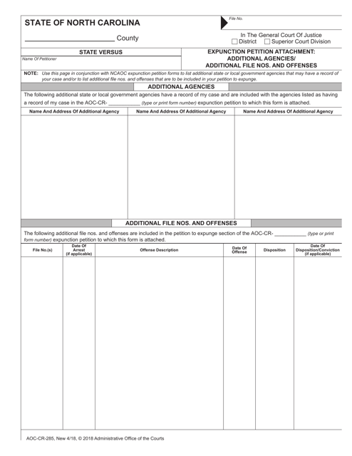 Form AOC-CR-285 Expunction Petition Attachment: Additional Agencies/Additional File Nos. and Offenses - North Carolina