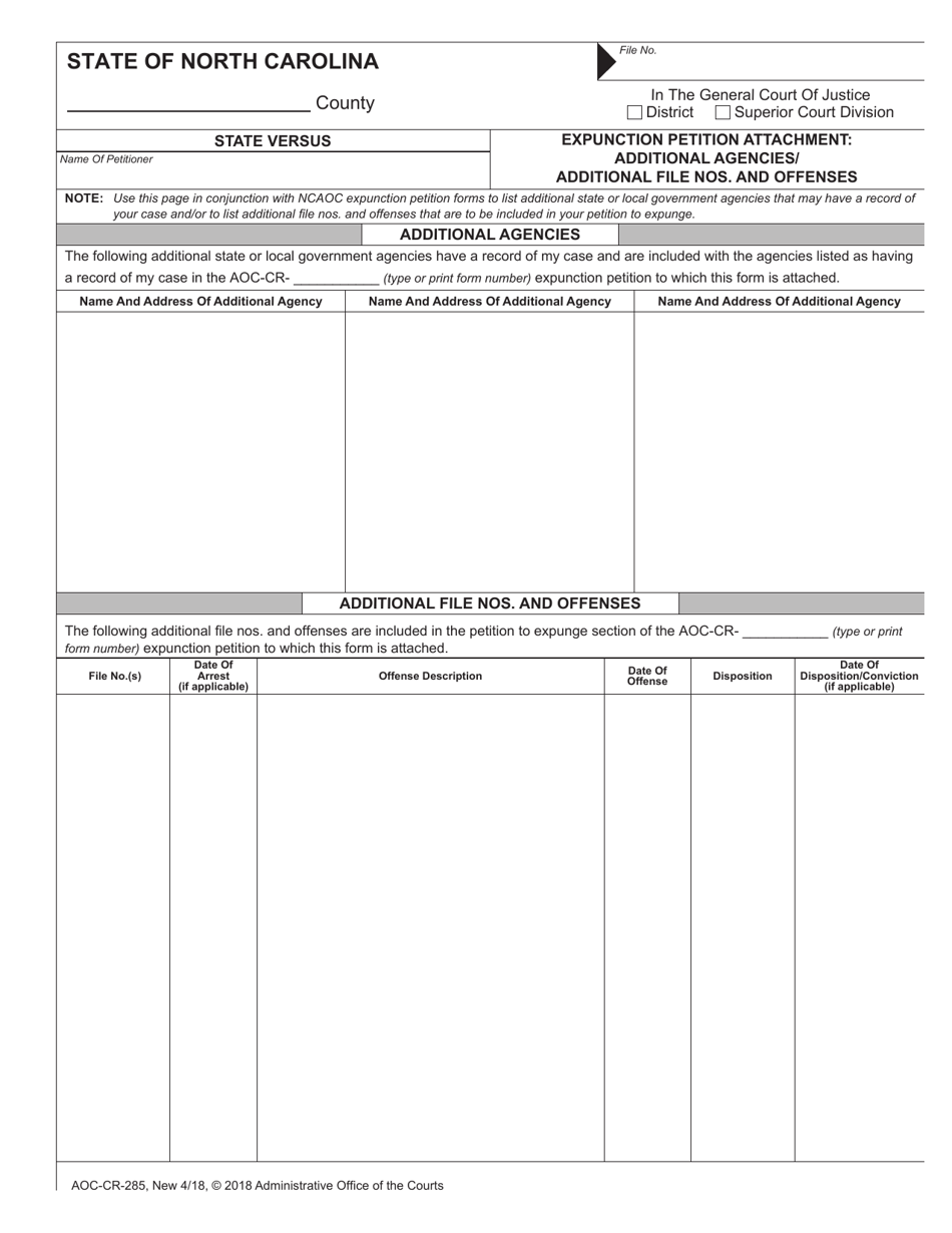 Form AOC-CR-285 Expunction Petition Attachment: Additional Agencies / Additional File Nos. and Offenses - North Carolina, Page 1