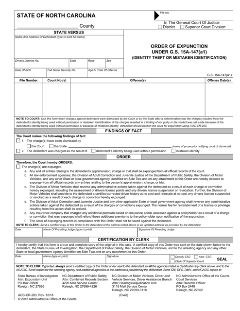 Form AOC-CR-283 Order of Expunction Under G.s. 15a-147(A1) (Identity Theft or Mistaken Identification) - North Carolina