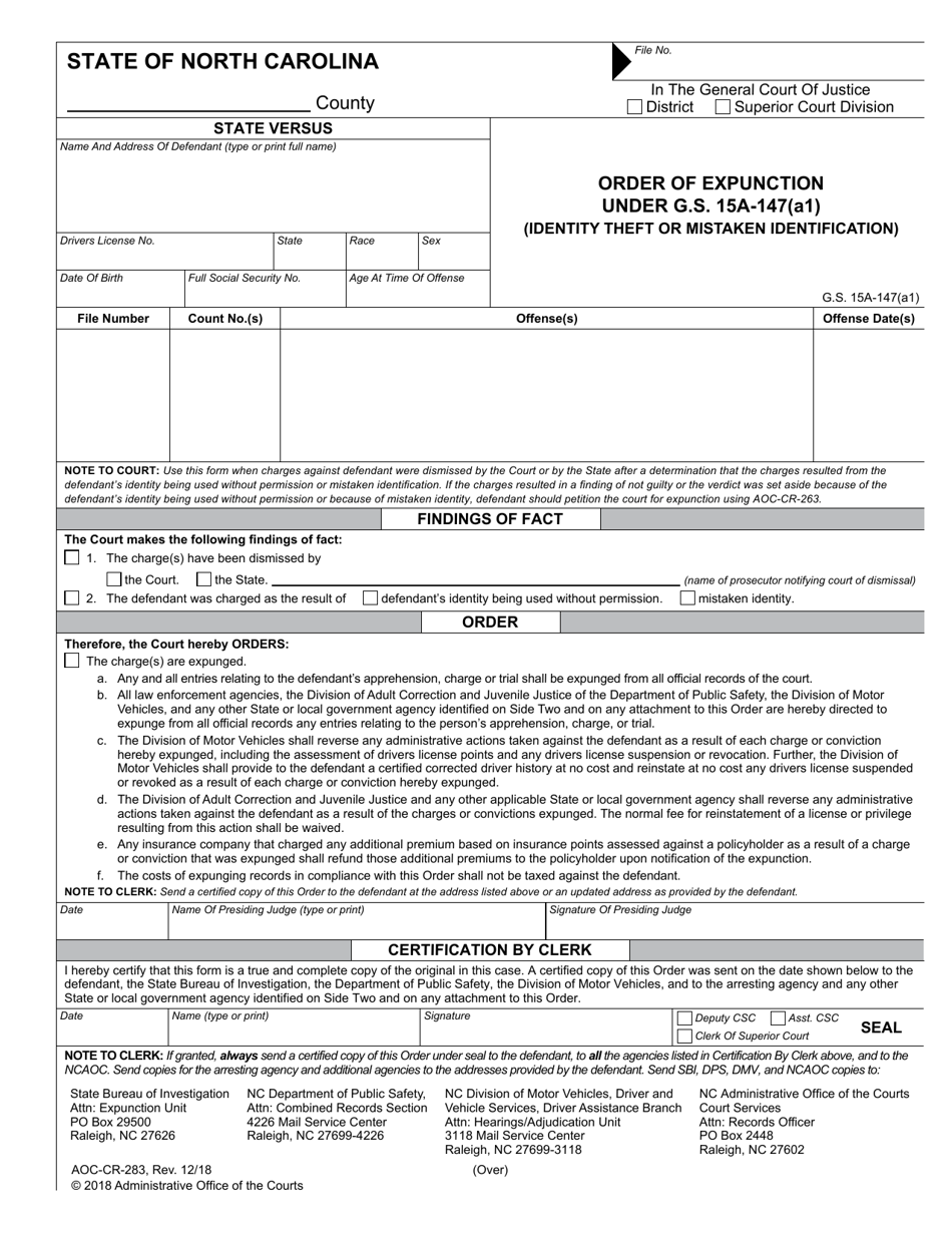 Form AOC-CR-283 Order of Expunction Under G.s. 15a-147(A1) (Identity Theft or Mistaken Identification) - North Carolina, Page 1