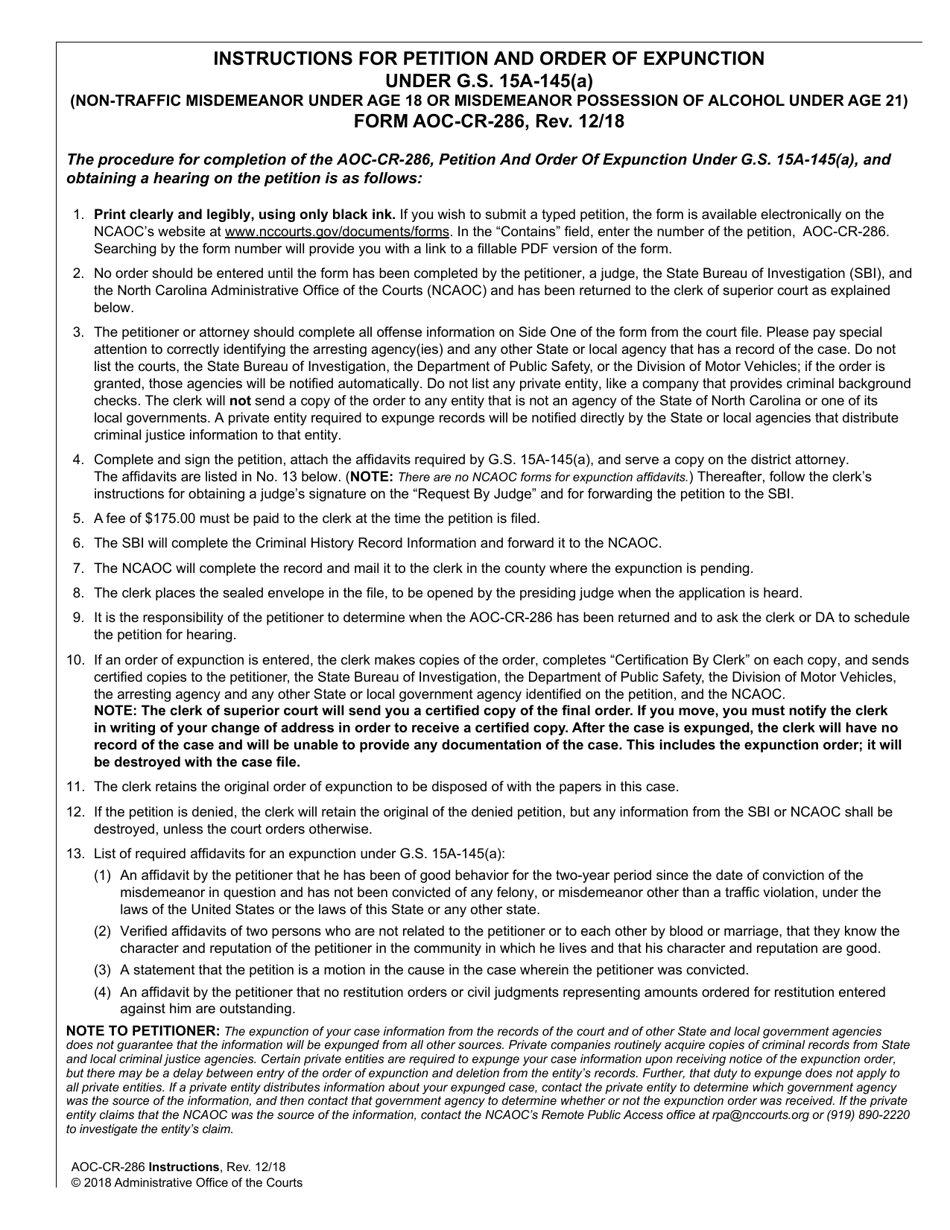 Instructions for Form AOC-CR-286 Petition and Order of Expunction Under G.s. 15a-145(A) (Non-traffic Misdemeanor Under Age 18 or Misdemeanor Possession of Alcohol Under Age 21) - North Carolina, Page 1