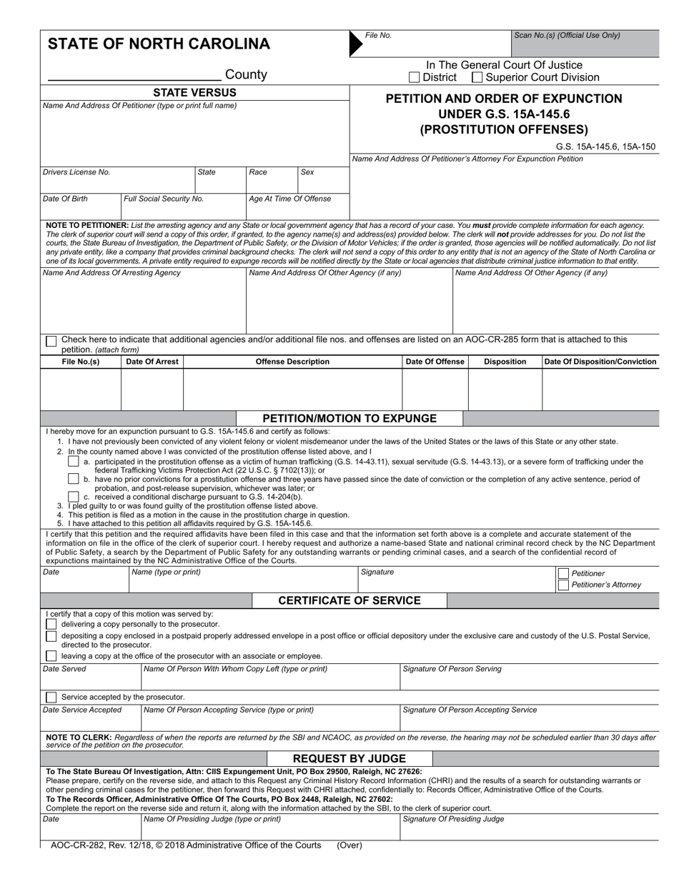 Form AOC-CR-282 Petition and Order of Expunction Under G.s. 15a-145.6 (Prostitution Offenses) - North Carolina, Page 1