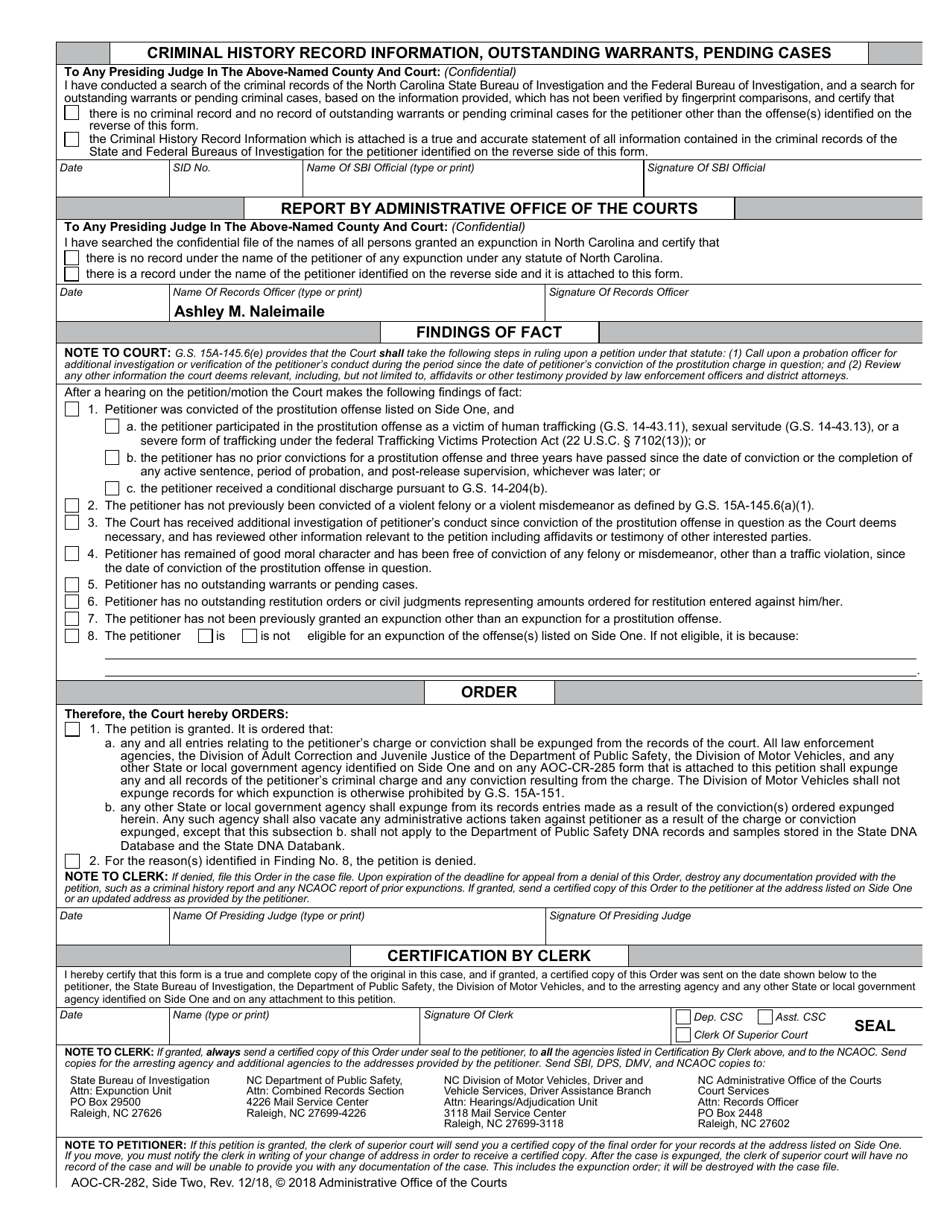 Form AOC-CR-282 Petition and Order of Expunction Under G.s. 15a-145.6 (Prostitution Offenses) - North Carolina, Page 2