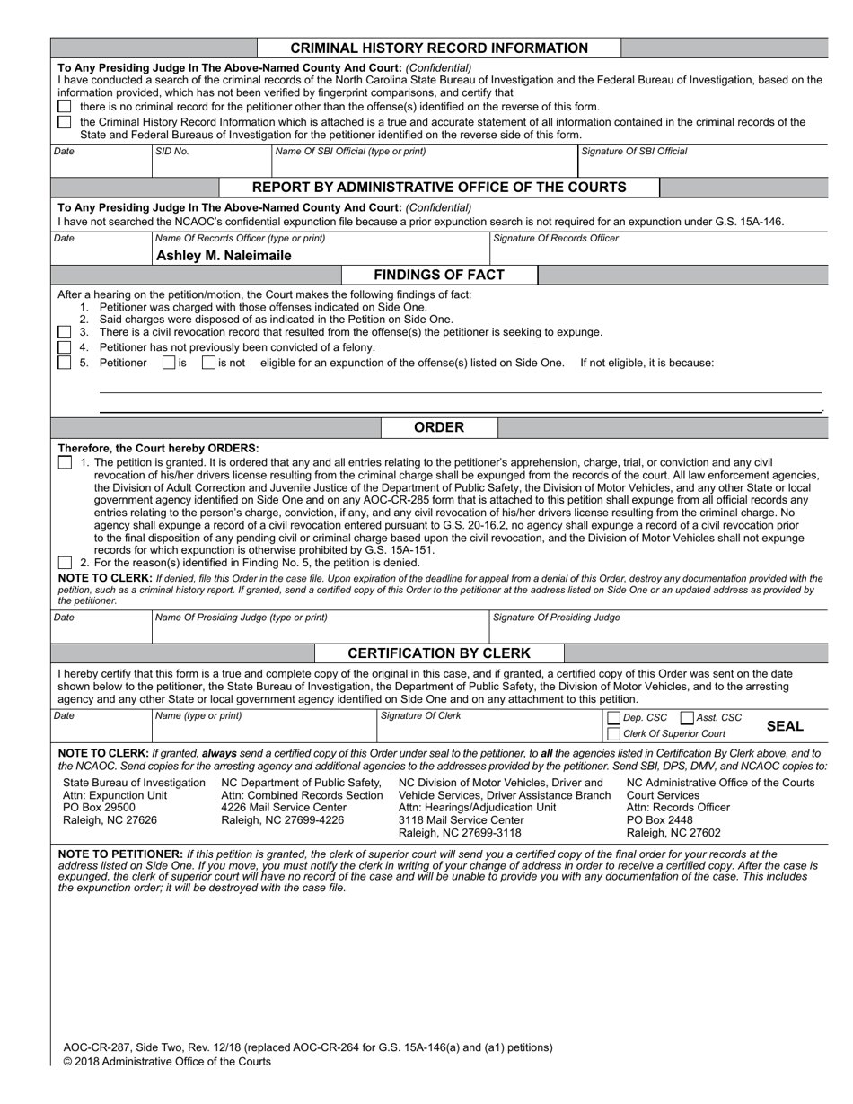 Form AOC-CR-287 Petition and Order of Expunction Under G.s. 15a-146(A) and G.s. 15a-146(A1) (Charge(S) Dismissed) - North Carolina, Page 2