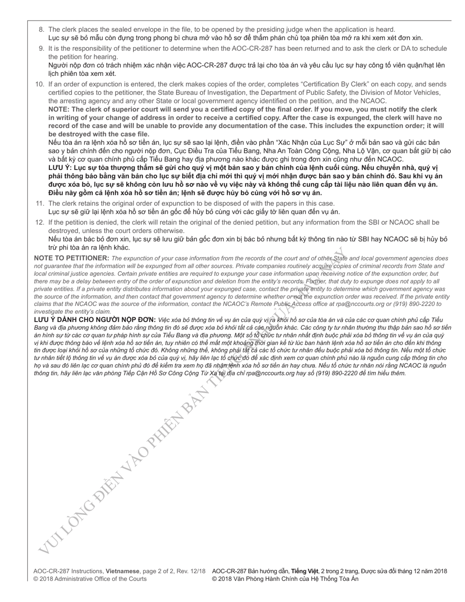 Instructions for Form AOC-CR-287 VIETNAMESE, AOC-CR-287 Petition and Order of Expunction Under G.s. 15a-146(A) and G.s. 15a-146(A1) (Charge(S) Dismissed) - North Carolina (English / Vietnamese), Page 2