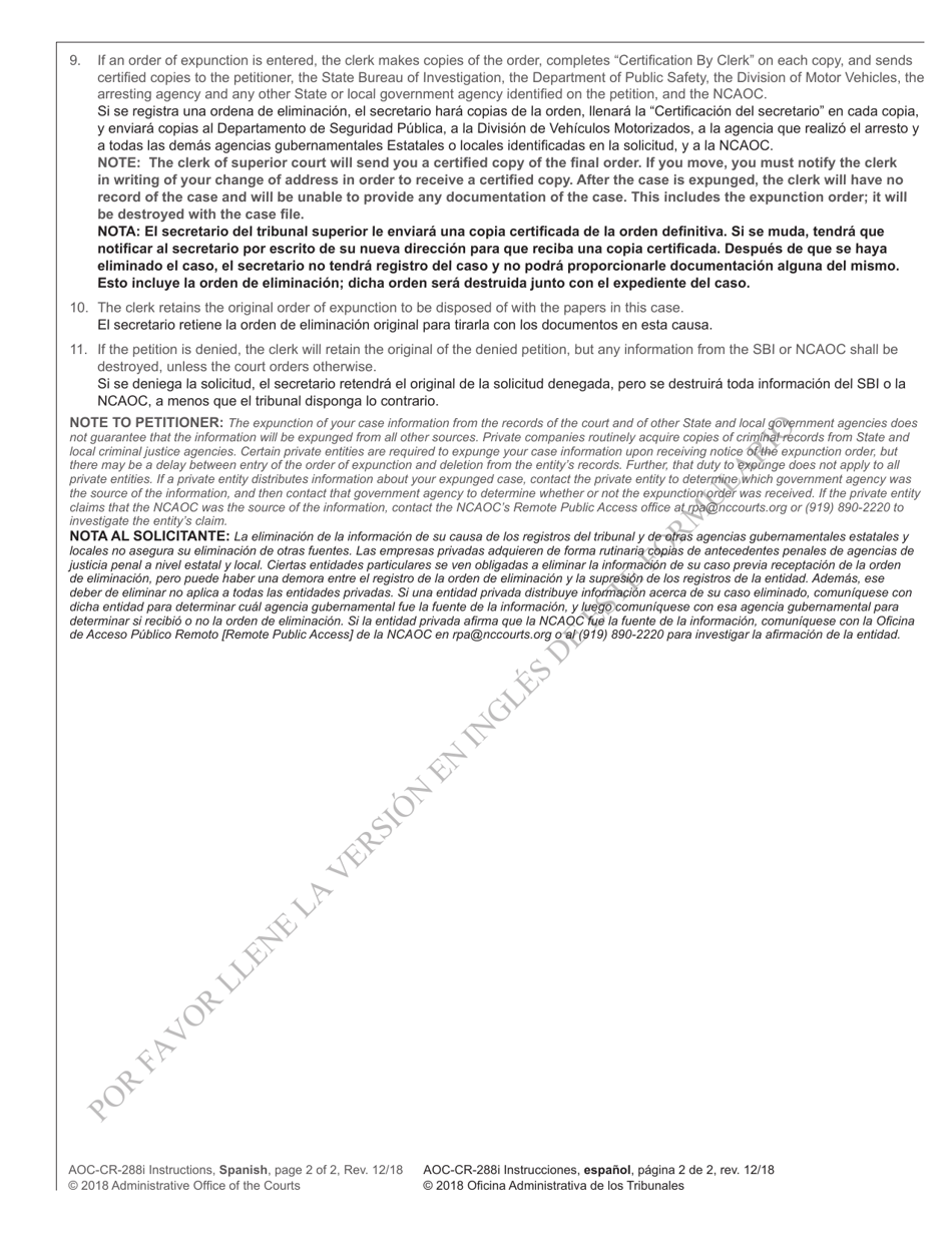 Instructions for Form AOC-CR-288 Petition and Order of Expunction Under G.s. 15a-146(A2) (Not Guilty or Not Responsible) - North Carolina (English / Spanish), Page 2