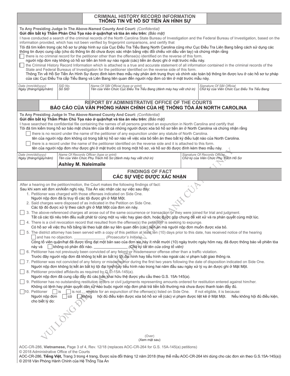 Form AOC-CR-286 Petition and Order of Expunction Under G.s. 15a-145(A) (Non-traffic Misdemeanor Under Age 18 or Misdemeanor Possession of Alcohol Under Age 21) - North Carolina (English / Vietnamese), Page 3