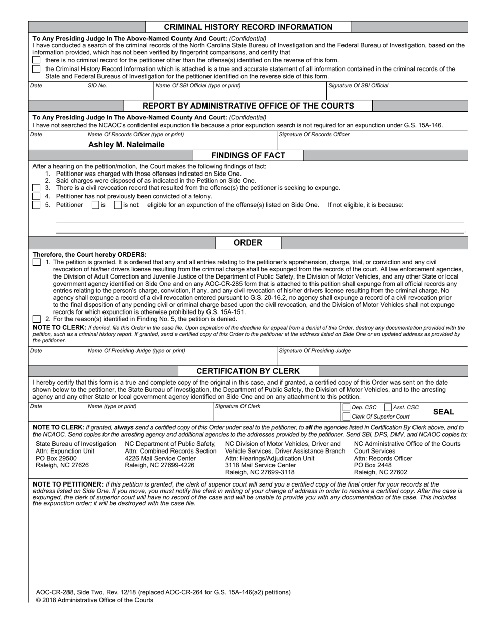 Form AOC-CR-288 Petition and Order of Expunction Under G.s. 15a-146(A2) (Not Guilty or Not Responsible) - North Carolina, Page 2