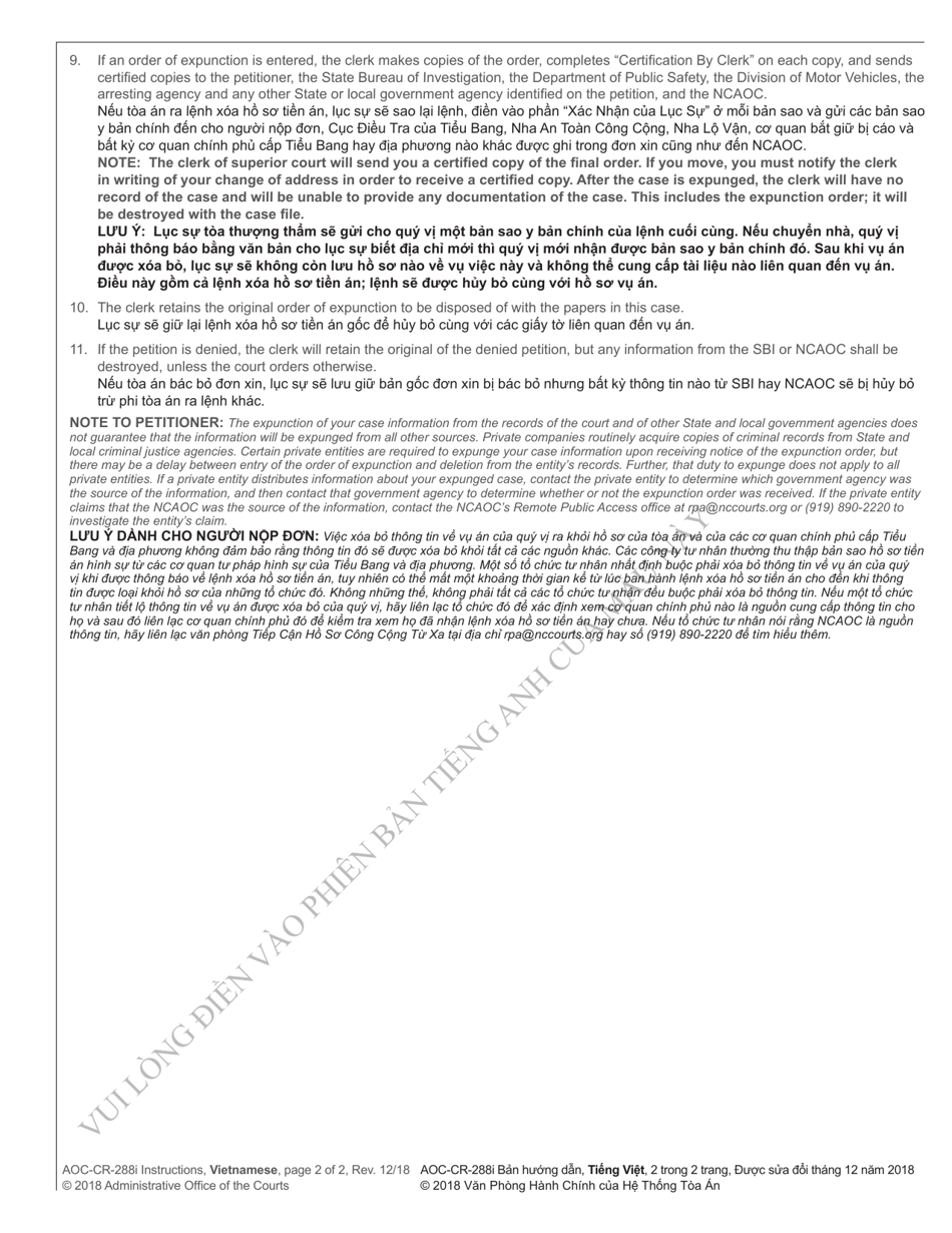 Instructions for Form AOC-CR-288 Petition and Order of Expunction Under G.s. 15a-146(A2) (Not Guilty or Not Responsible) - North Carolina (English / Vietnamese), Page 2