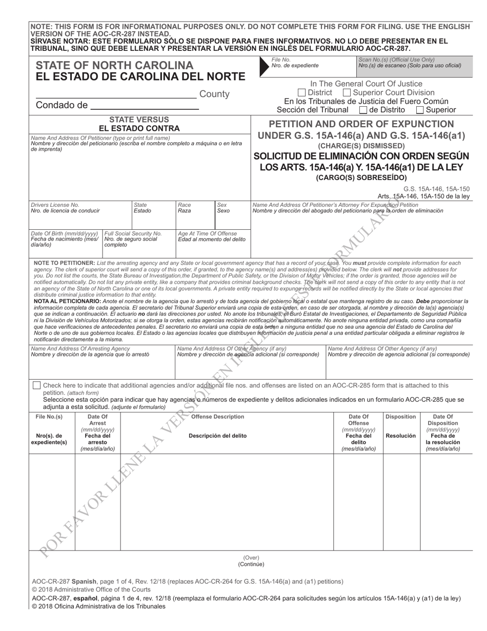Form AOC-CR-287 SPANISH Petition and Order of Expunction Under G.s. 15a-146(A) and G.s. 15a-146(A1) (Charge(S) Dismissed) - North Carolina (English / Spanish), Page 1