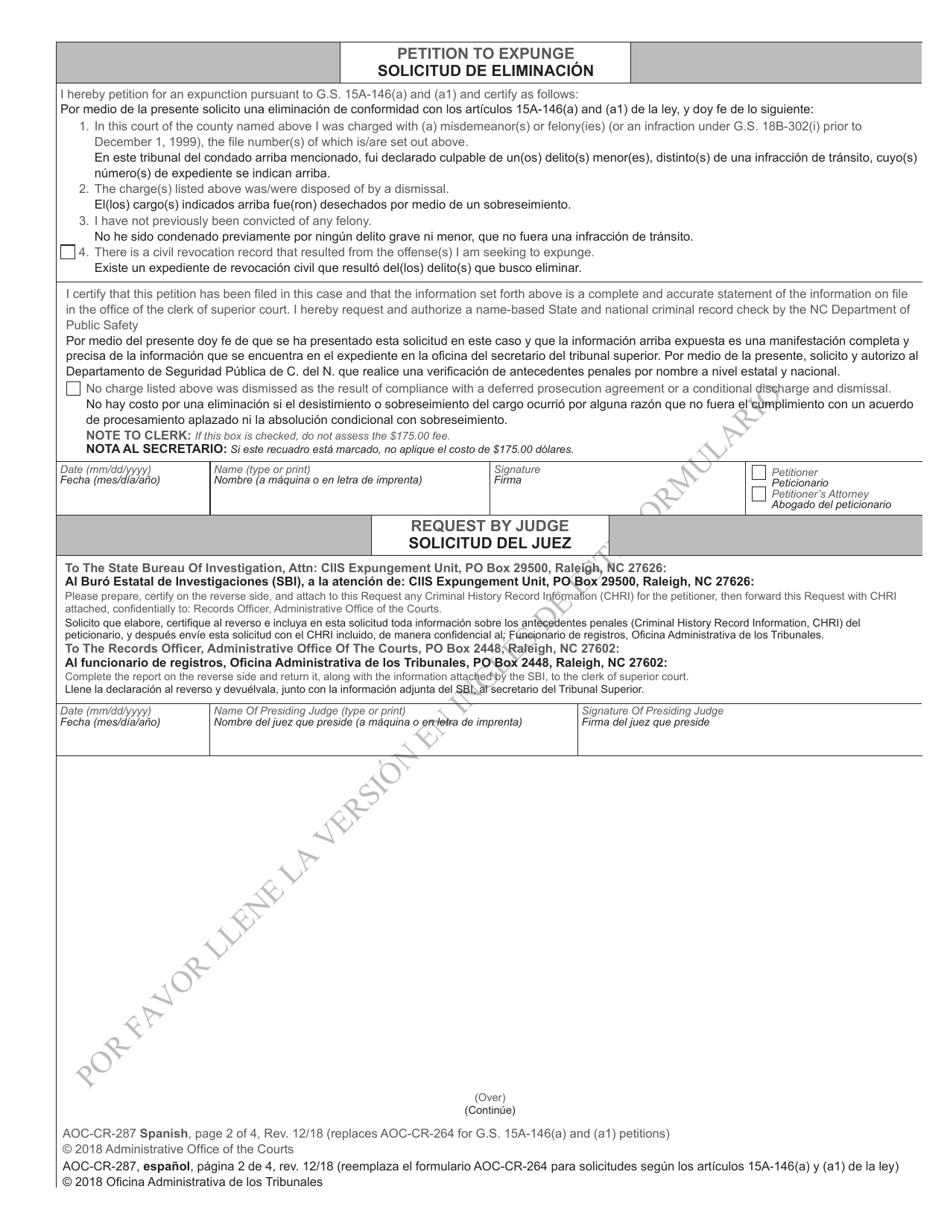 Form AOC-CR-287 SPANISH Petition and Order of Expunction Under G.s. 15a-146(A) and G.s. 15a-146(A1) (Charge(S) Dismissed) - North Carolina (English / Spanish), Page 2