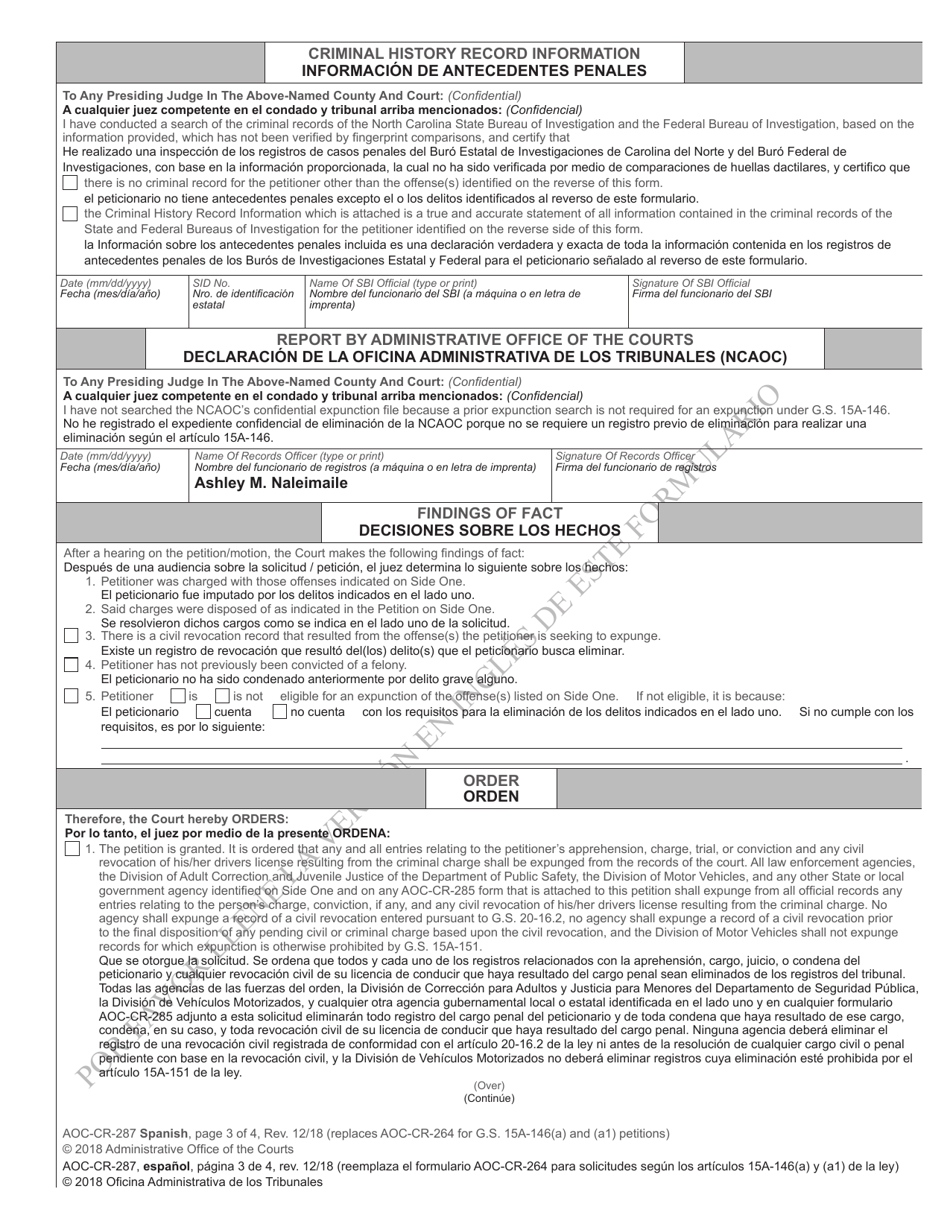 Form AOC-CR-287 SPANISH Petition and Order of Expunction Under G.s. 15a-146(A) and G.s. 15a-146(A1) (Charge(S) Dismissed) - North Carolina (English / Spanish), Page 3