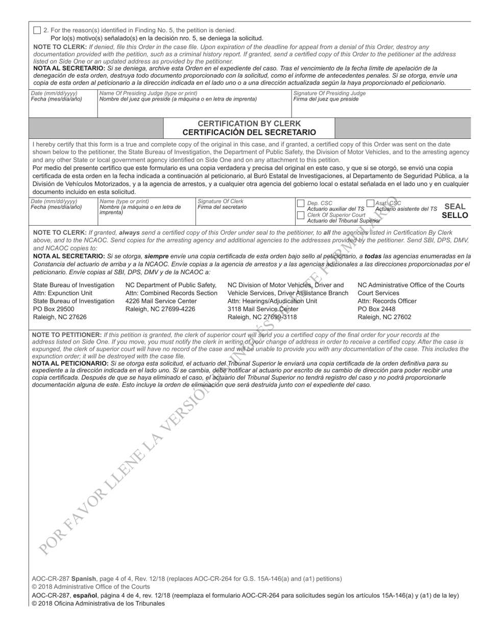 Form AOC-CR-287 SPANISH Petition and Order of Expunction Under G.s. 15a-146(A) and G.s. 15a-146(A1) (Charge(S) Dismissed) - North Carolina (English / Spanish), Page 4