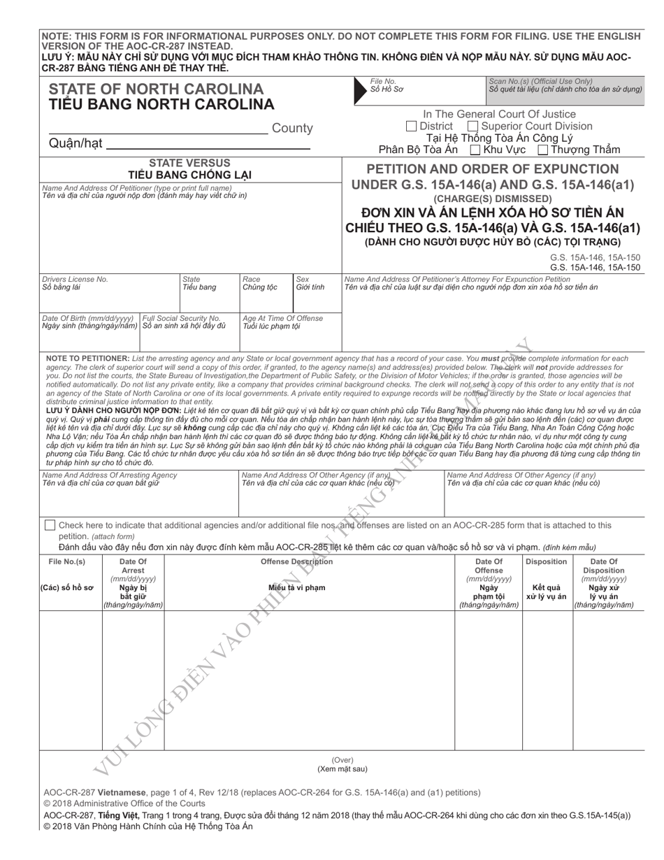 Form AOC-CR-287 VIETNAMESE Petition and Order of Expunction Under G.s. 15a-146(A) and G.s. 15a-146(A1) (Charge(S) Dismissed) - North Carolina (English / Vietnamese), Page 1
