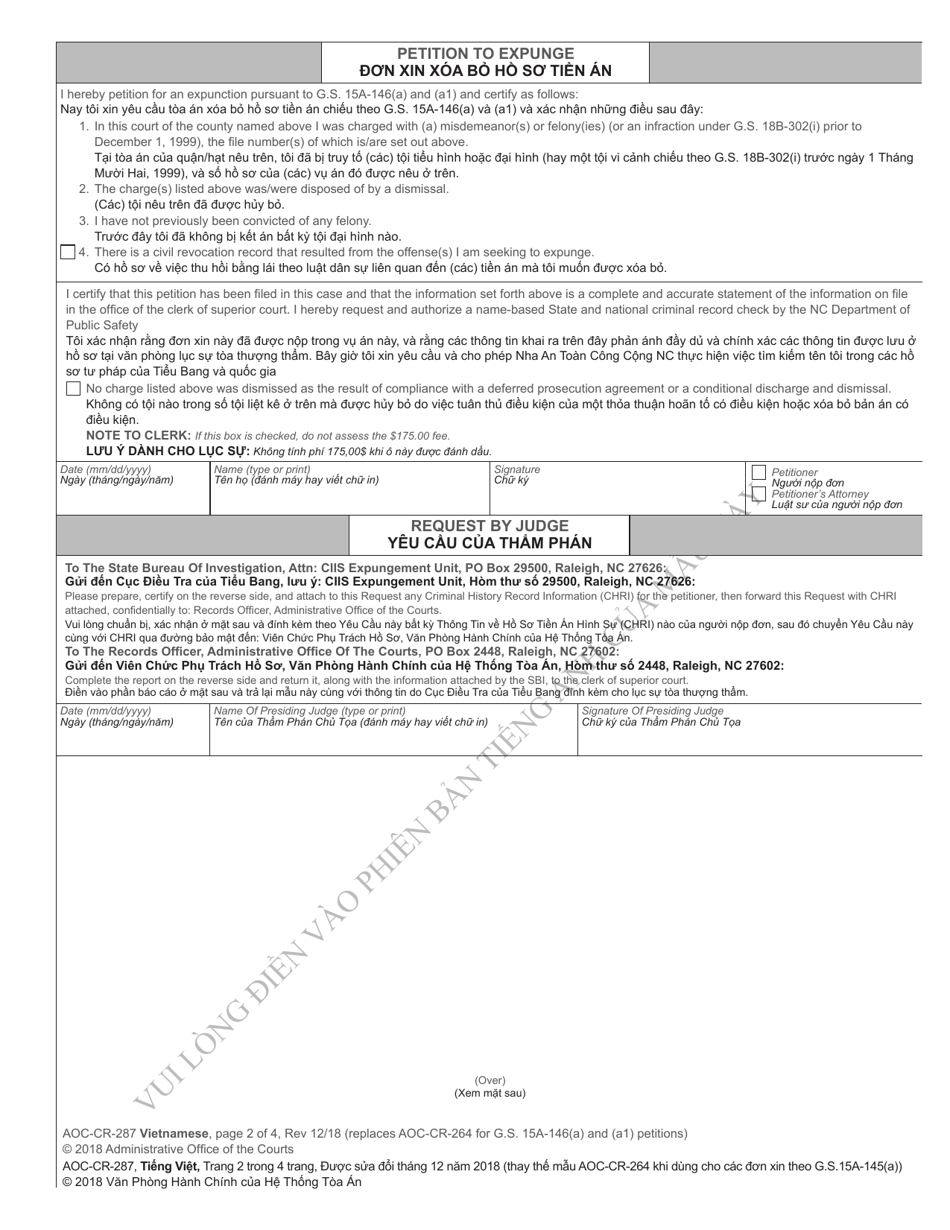 Form AOC-CR-287 VIETNAMESE Petition and Order of Expunction Under G.s. 15a-146(A) and G.s. 15a-146(A1) (Charge(S) Dismissed) - North Carolina (English / Vietnamese), Page 2