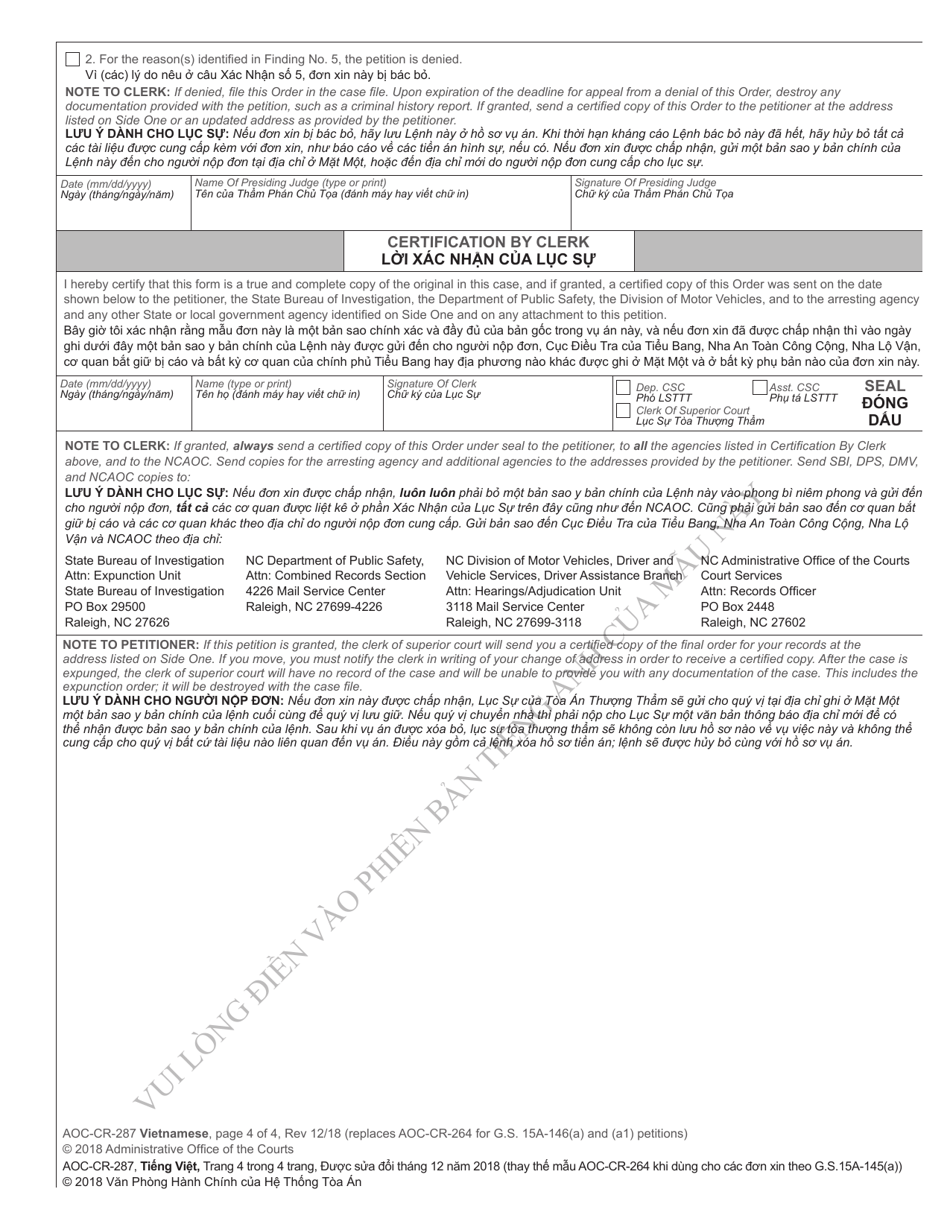 Form AOC-CR-287 VIETNAMESE Petition and Order of Expunction Under G.s. 15a-146(A) and G.s. 15a-146(A1) (Charge(S) Dismissed) - North Carolina (English / Vietnamese), Page 4