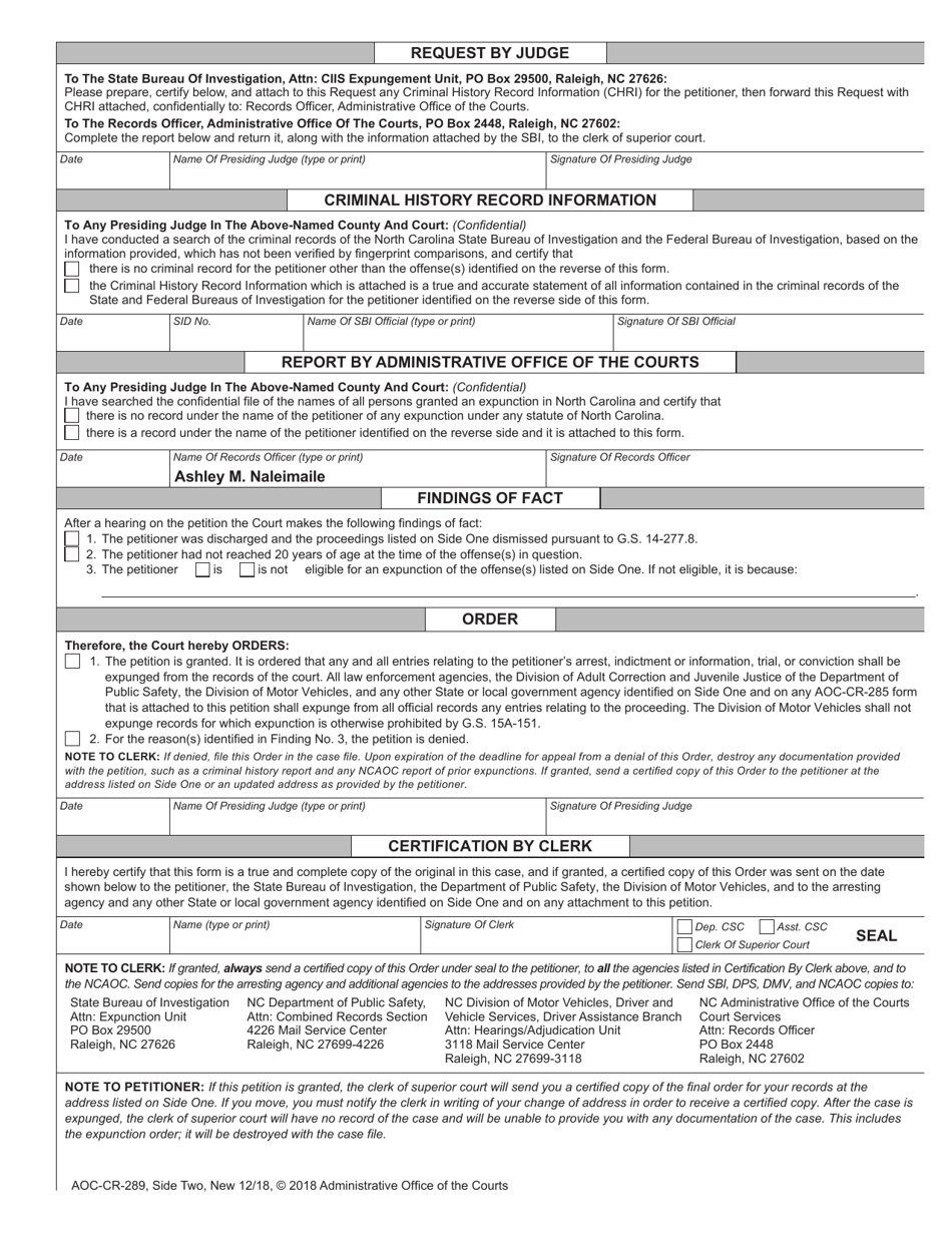 Form AOC-CR-289 Petition and Order of Expunction Under G.s. 15a-145.7 (False Report / Threat of Mass Violence) - North Carolina, Page 2