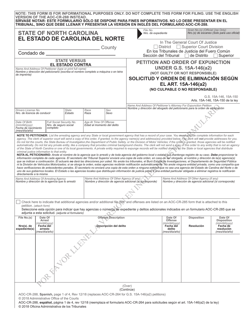 Form AOC-CR-288 SPANISH Petition and Order of Expunction Under G.s. 15a-146(A2) (Not Guilty or Not Responsible) - North Carolina (English / Spanish), Page 1