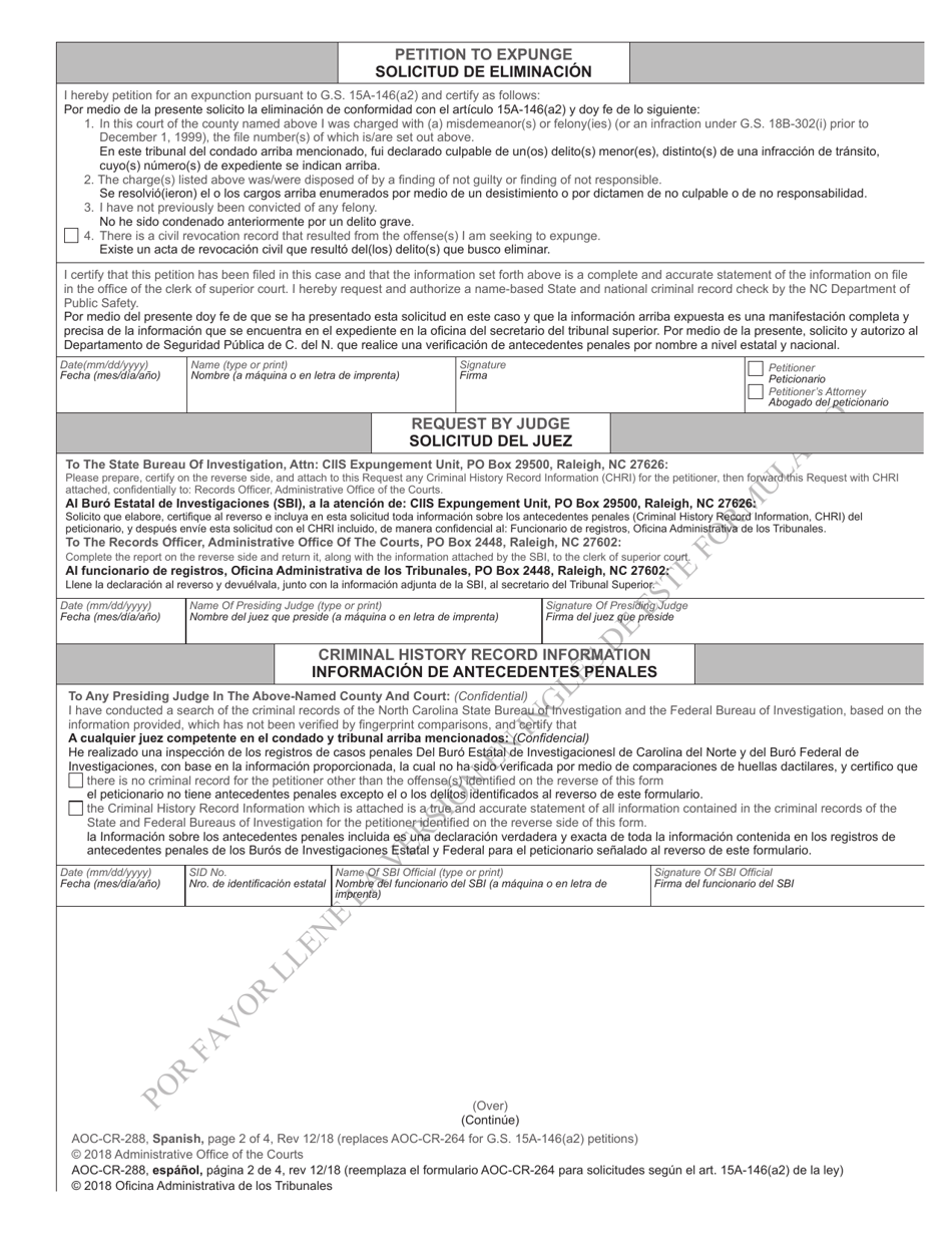 Form AOC-CR-288 SPANISH Petition and Order of Expunction Under G.s. 15a-146(A2) (Not Guilty or Not Responsible) - North Carolina (English / Spanish), Page 2