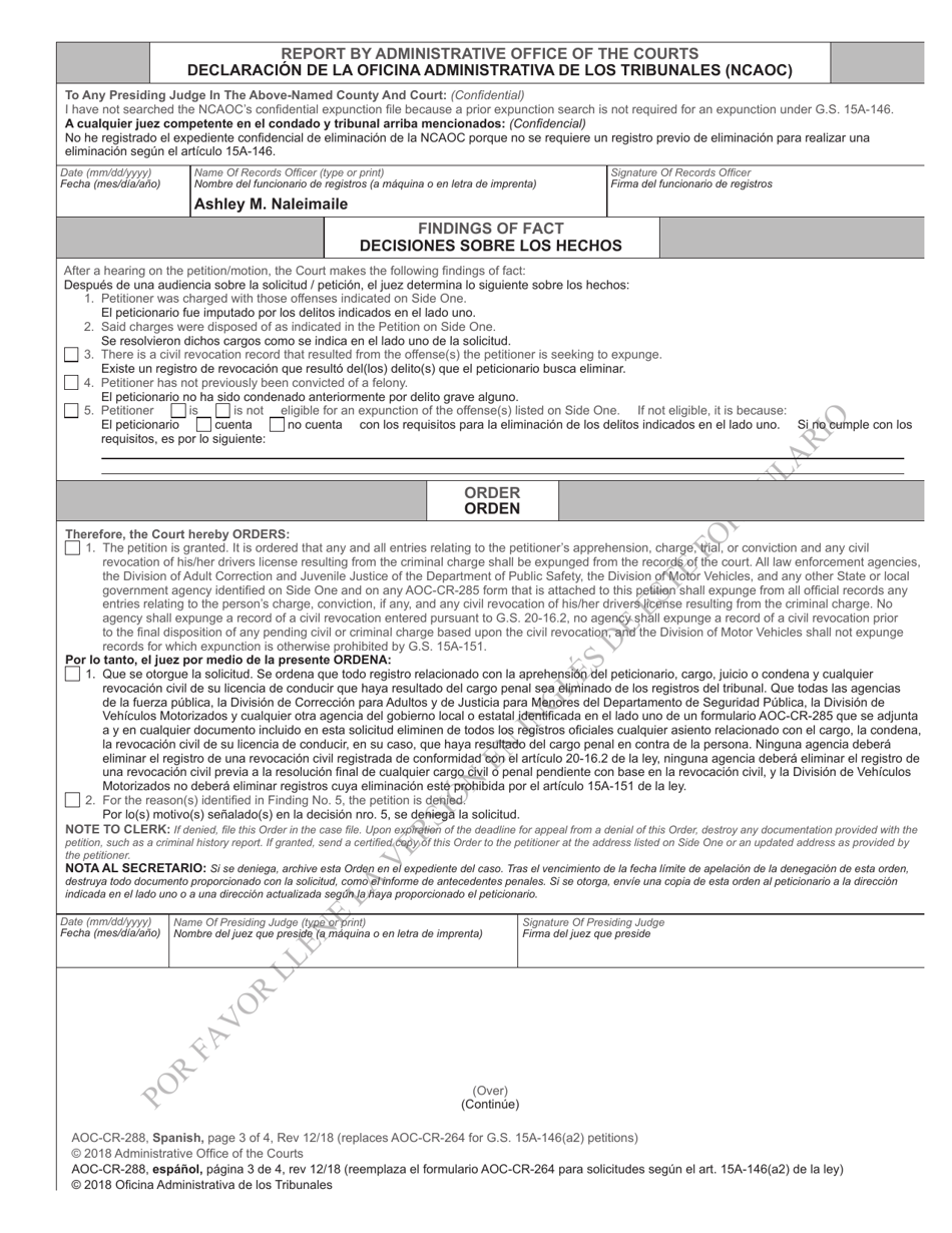 Form AOC-CR-288 SPANISH Petition and Order of Expunction Under G.s. 15a-146(A2) (Not Guilty or Not Responsible) - North Carolina (English / Spanish), Page 3