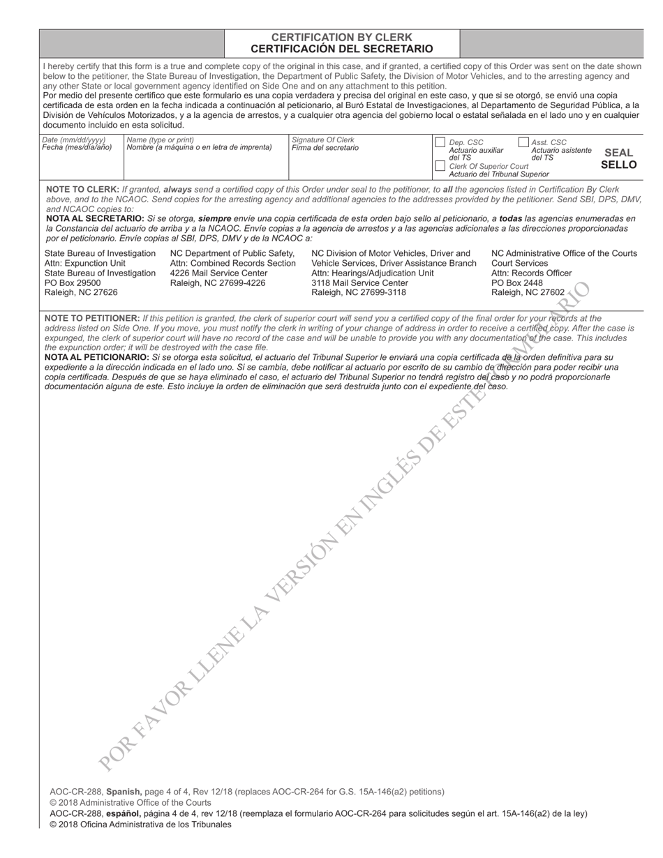 Form AOC-CR-288 SPANISH Petition and Order of Expunction Under G.s. 15a-146(A2) (Not Guilty or Not Responsible) - North Carolina (English / Spanish), Page 4