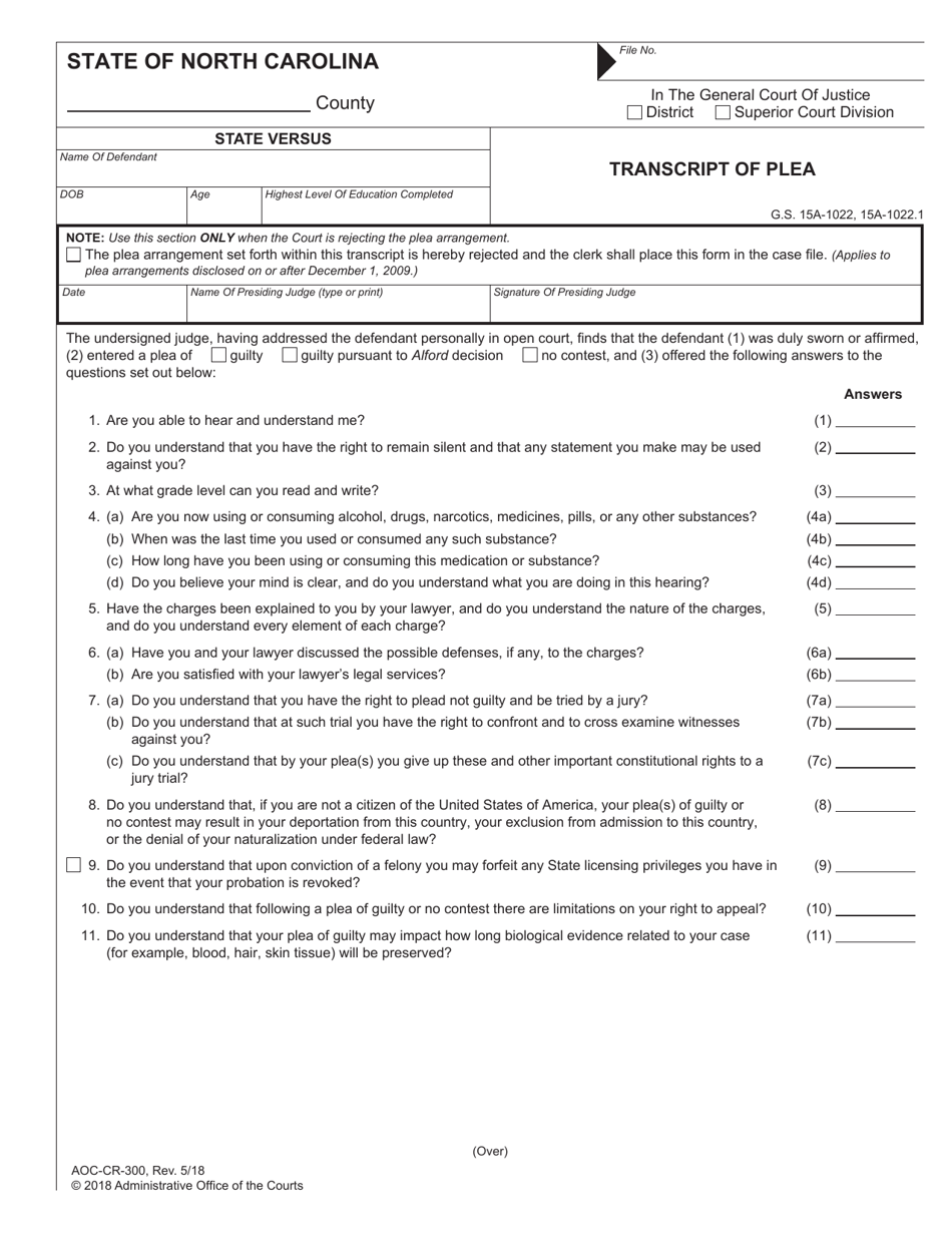Form AOC-CR-300 Transcript of Plea - North Carolina, Page 1