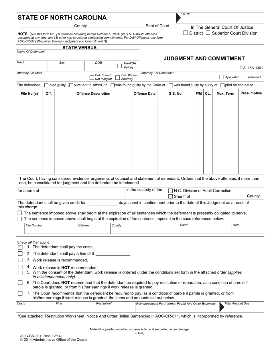 Form AOC-CR-301 Judgment and Commitment - North Carolina, Page 1