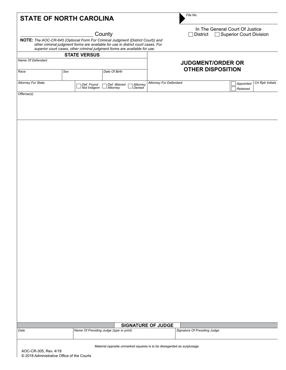 Form AOC-CR-305 Judgment / Order or Other Disposition - North Carolina, Page 1