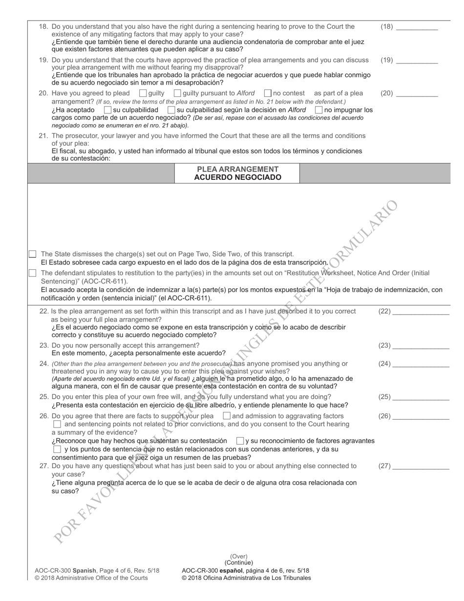 Form AOC-CR-300 SPANISH Transcript of Plea - North Carolina (English / Spanish), Page 4
