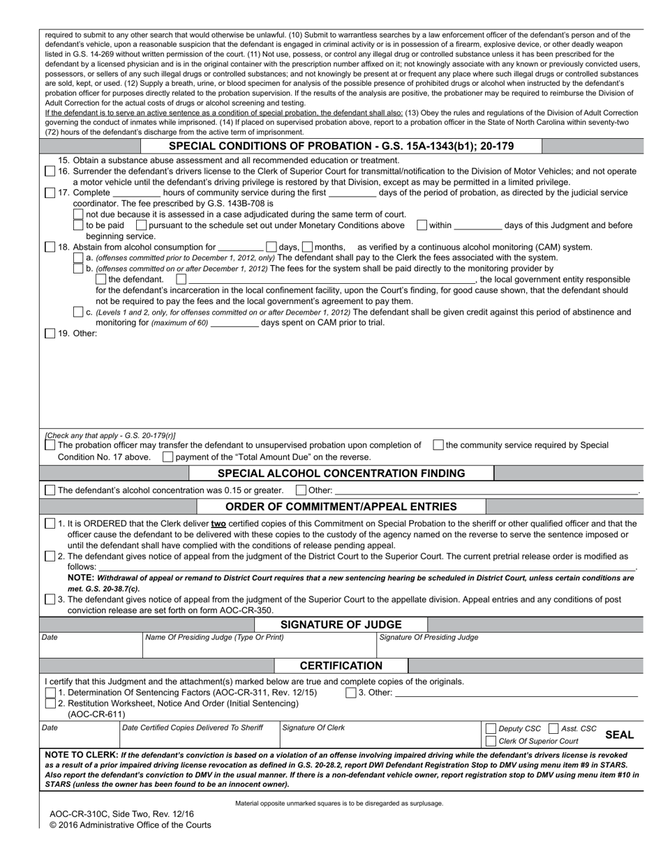 Form AOC-CR-310C Impaired Driving - Judgment Suspending Sentence (For Offenses Committed Dec. 1, 2011 - Nov. 30, 2016) - North Carolina, Page 2