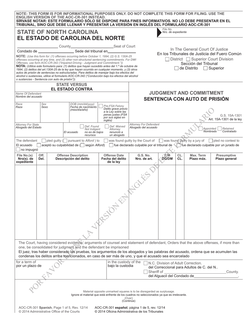 Form AOC-CR-301 SPANISH Judgment and Commitment - North Carolina (English / Spanish), Page 1