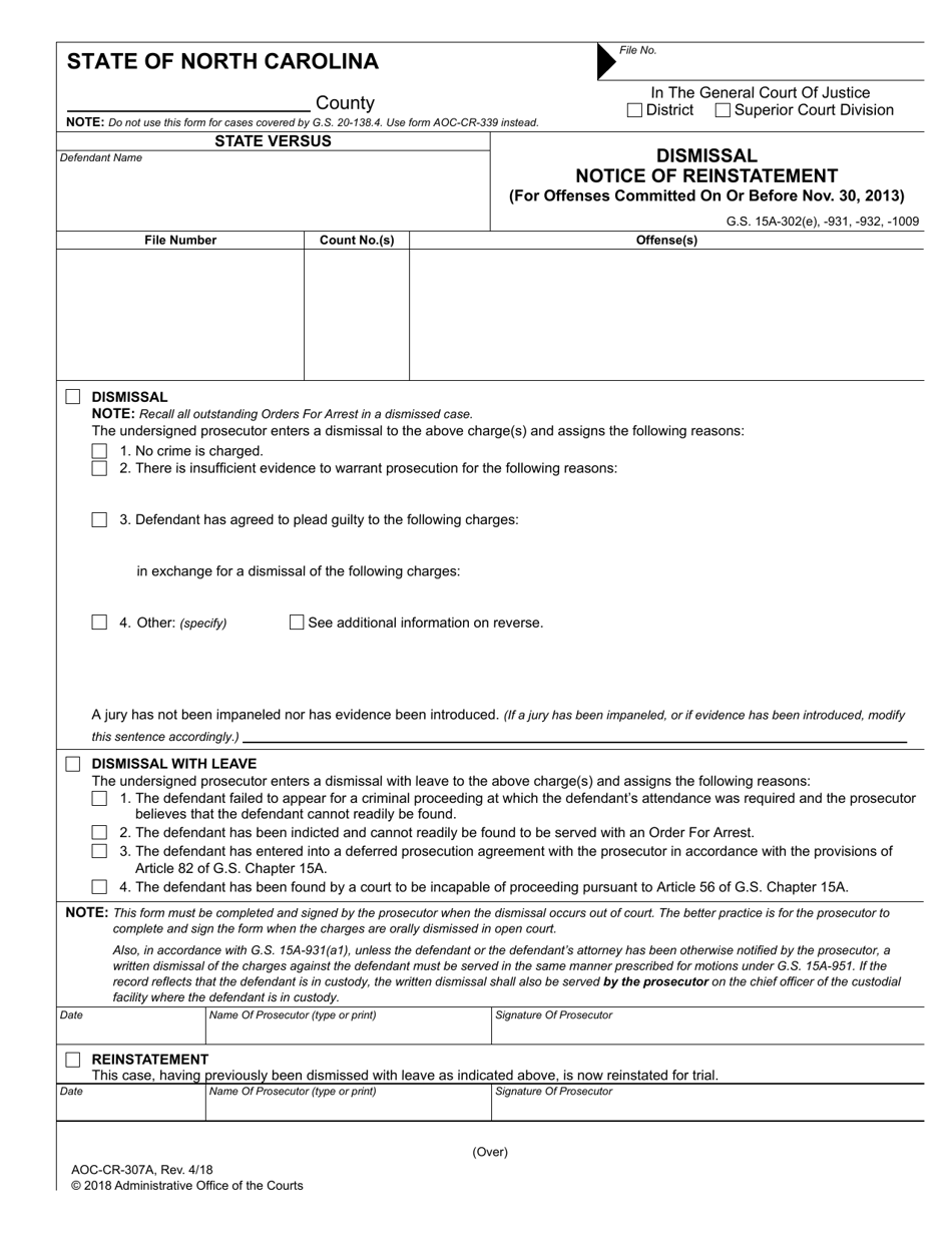 Form AOC-CR-307A Dismissal Notice of Reinstatement - North Carolina, Page 1