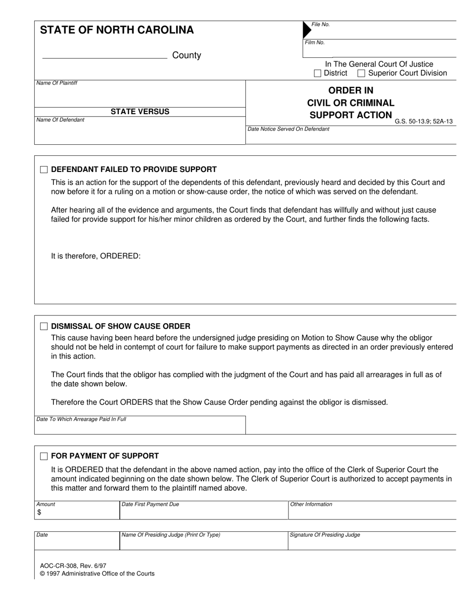 Form AOC-CR-308 Order in Civil or Criminal Support Action - North Carolina, Page 1