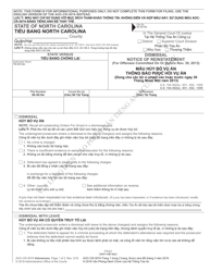 Form AOC-CR-307A VIETNAMESE Dismissal Notice of Reinstatement (For Offenses Committed on or Before Nov. 30, 2013) - North Carolina (English/Vietnamese)